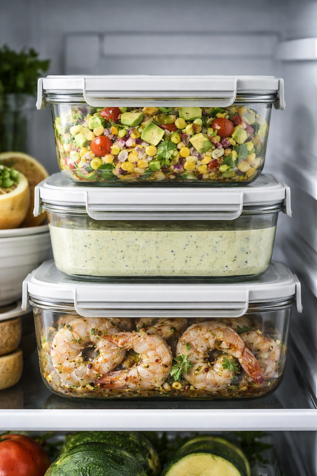Glass containers with salsa and marinated shrimp ready for storage