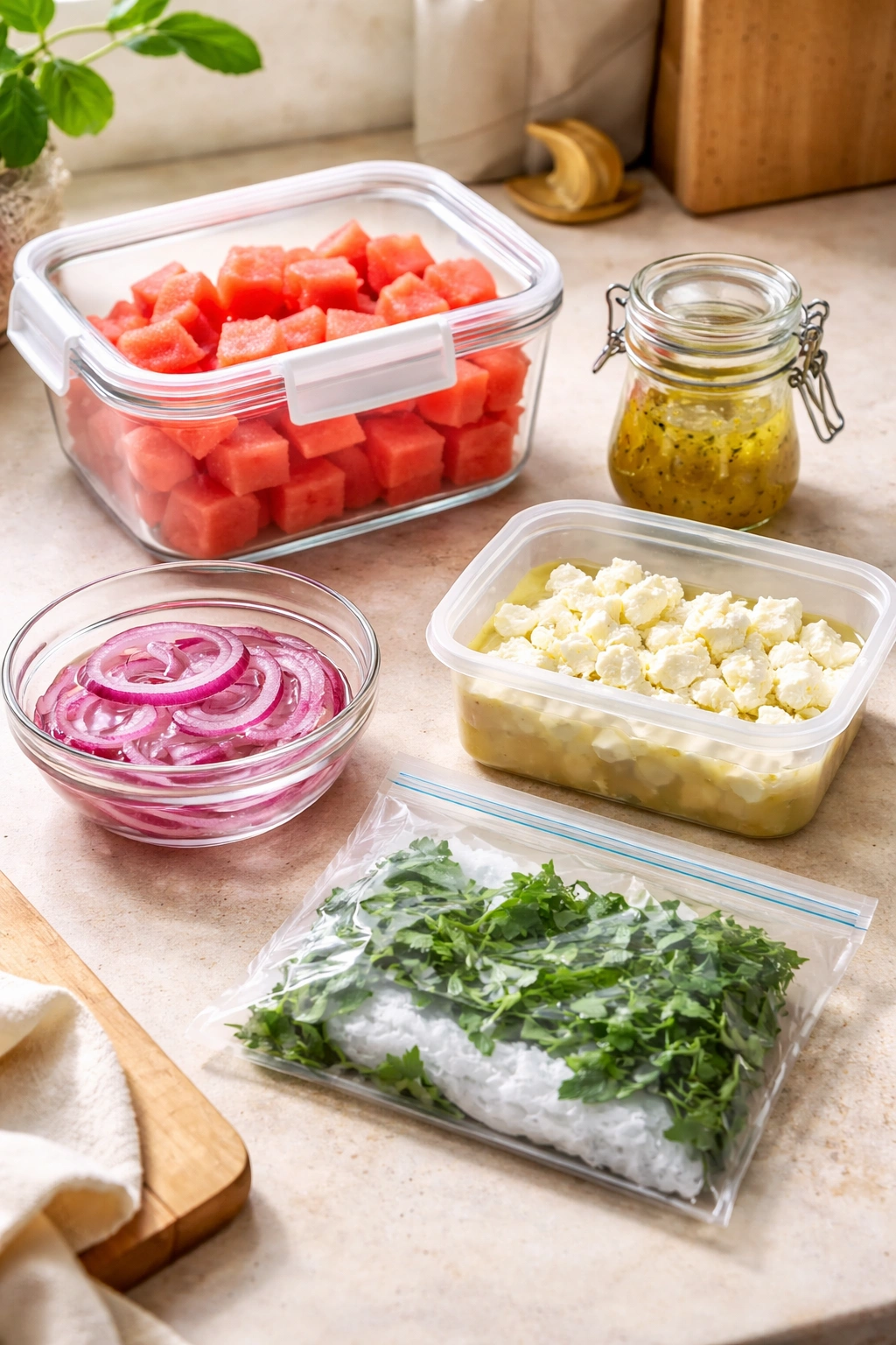 A kitchen scene with watermelon in an airtight container, vinaigrette jar, onions in water, feta brine, and torn herbs for make-ahead prep