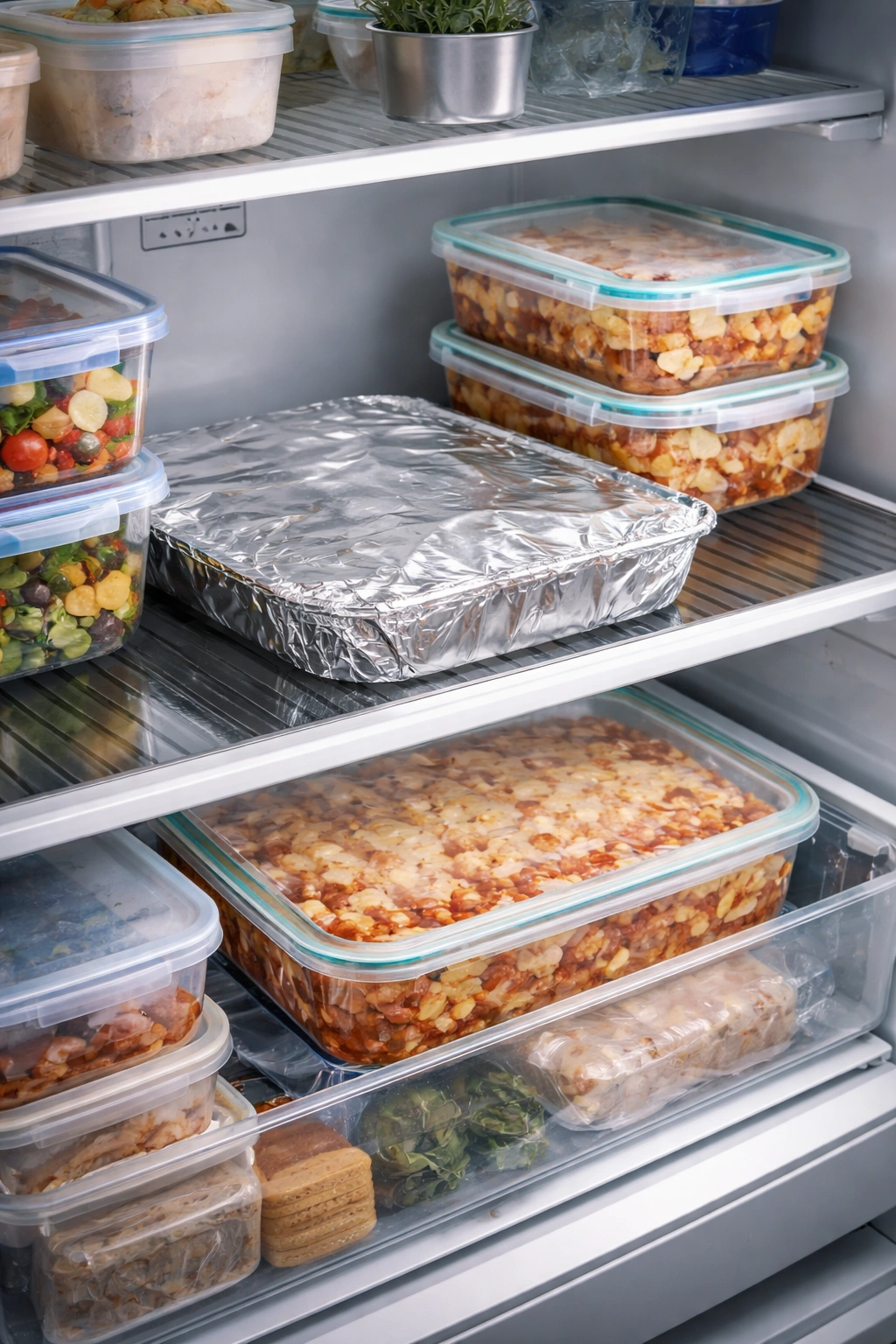 Foil-wrapped casserole in a refrigerator ready for make-ahead storage.
