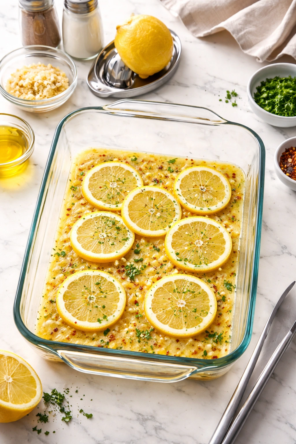 Prepped baking dish with melted butter, garlic, lemon slices for make-ahead tilapia