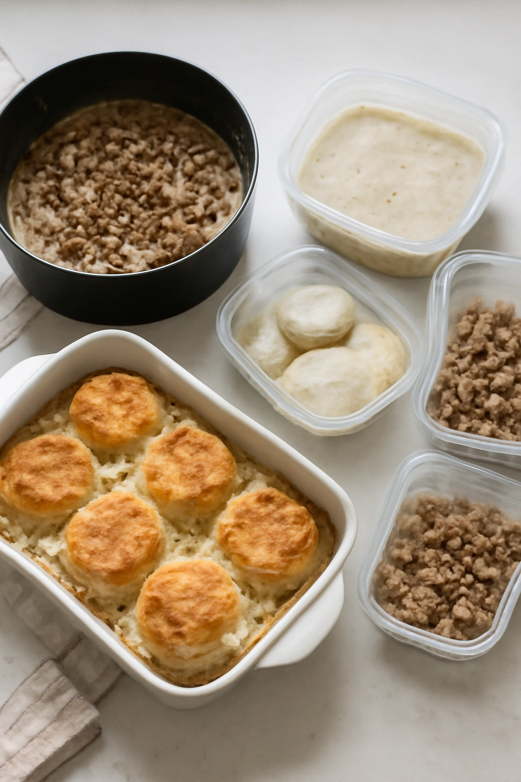 Casserole make-ahead prep setup for chilling and reheating
