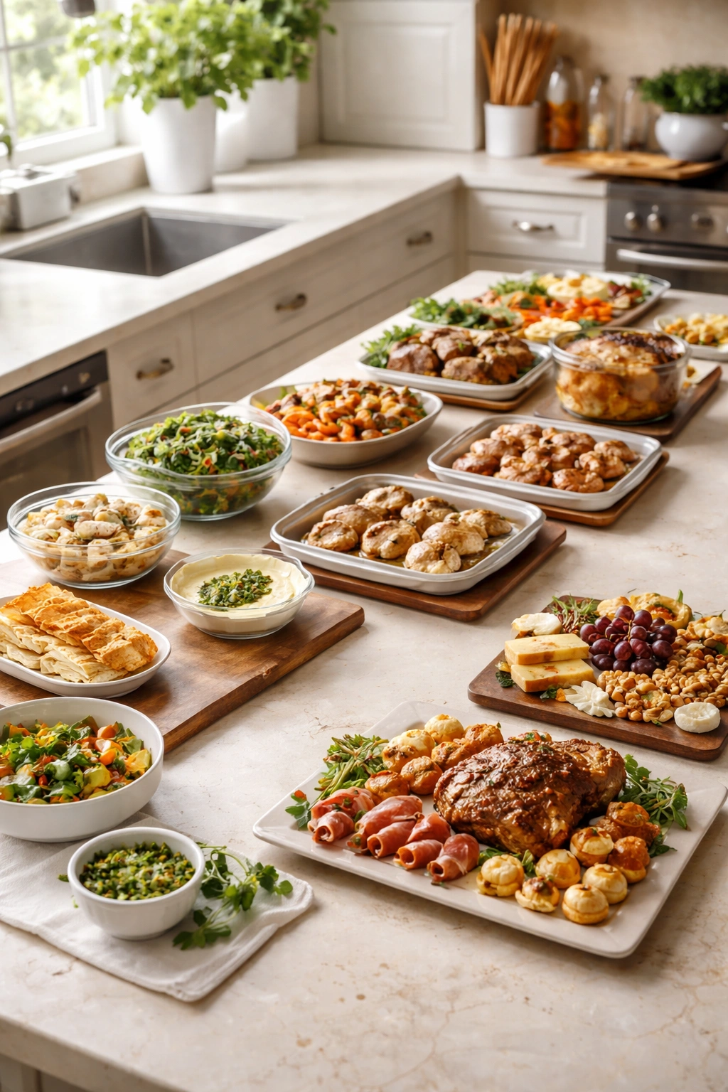 Kitchen counter with orderly progression of prepared components from left to right.