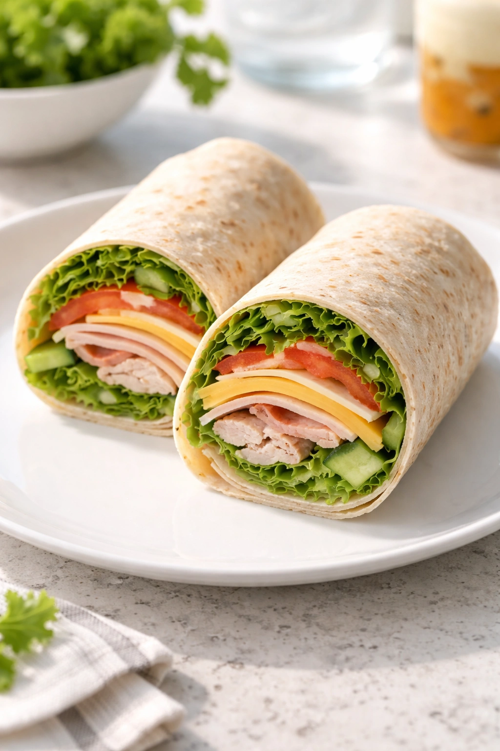 Close-up of a neatly rolled wrap on a white plate showing multiple fillings, fresh and crisp