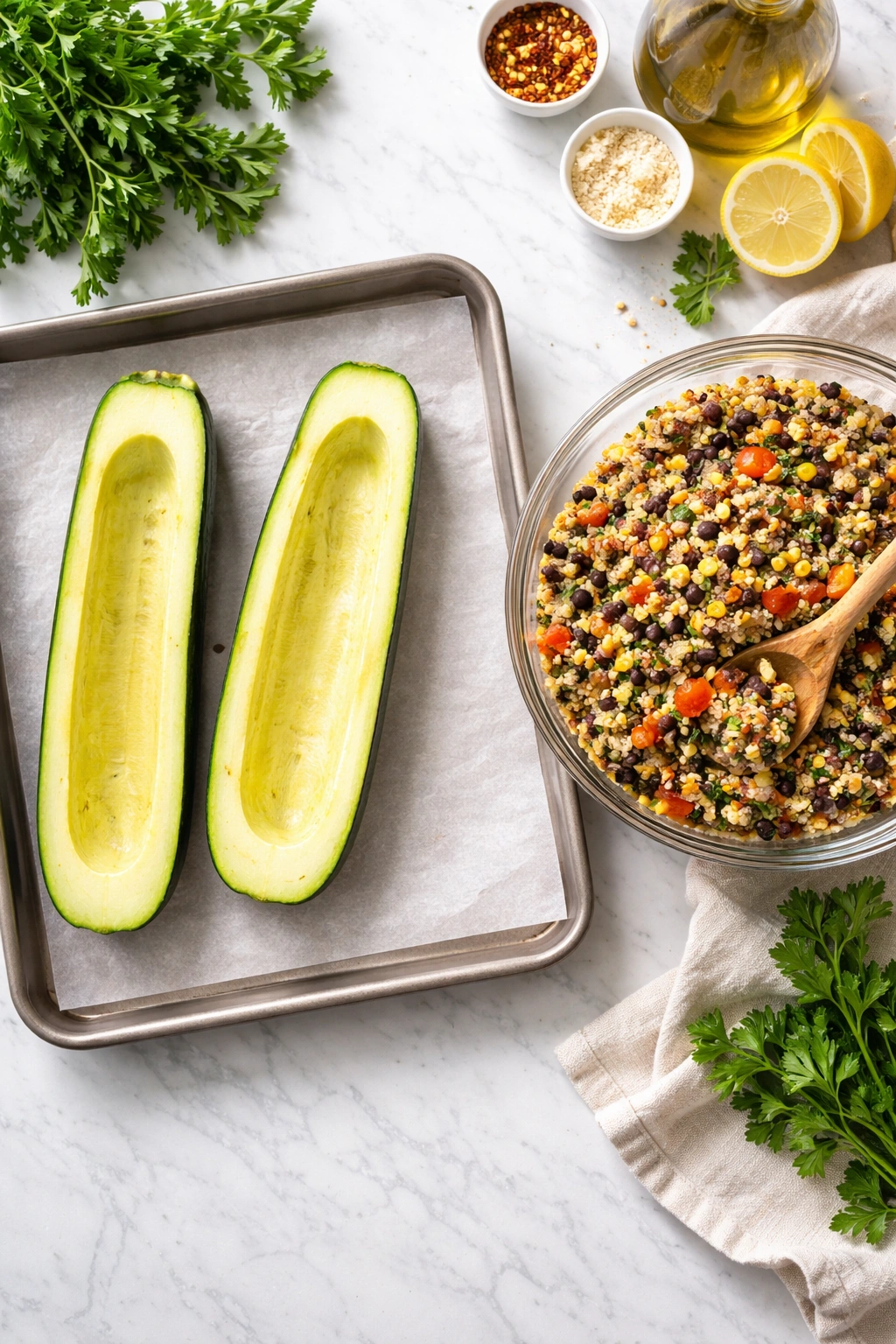 Two hollowed zucchini boats and a bowl of filling on a bright counter