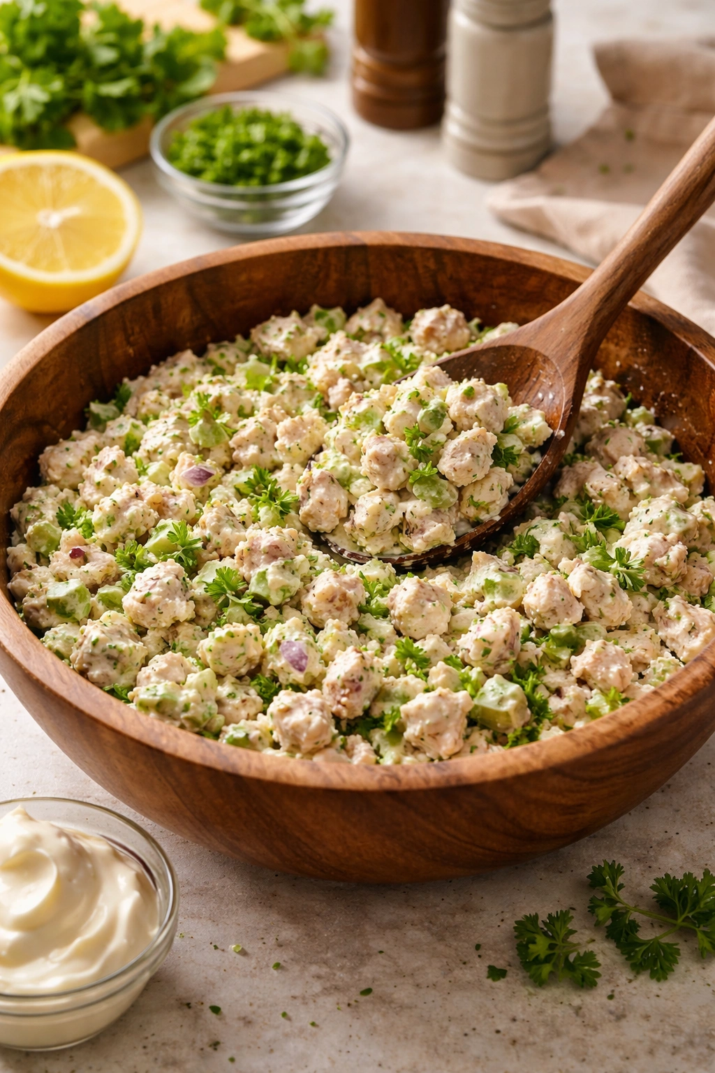 Mixing chicken salad in a wooden bowl with celery and red onion