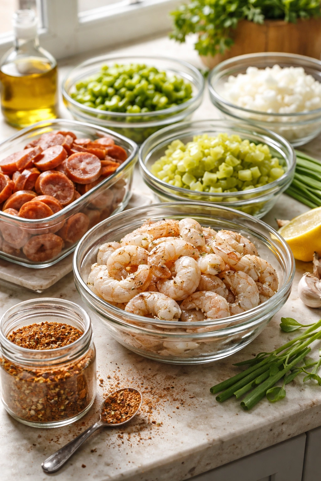 Prepped ingredients arranged for make-ahead prep: sausage, shrimp, vegetables and spices