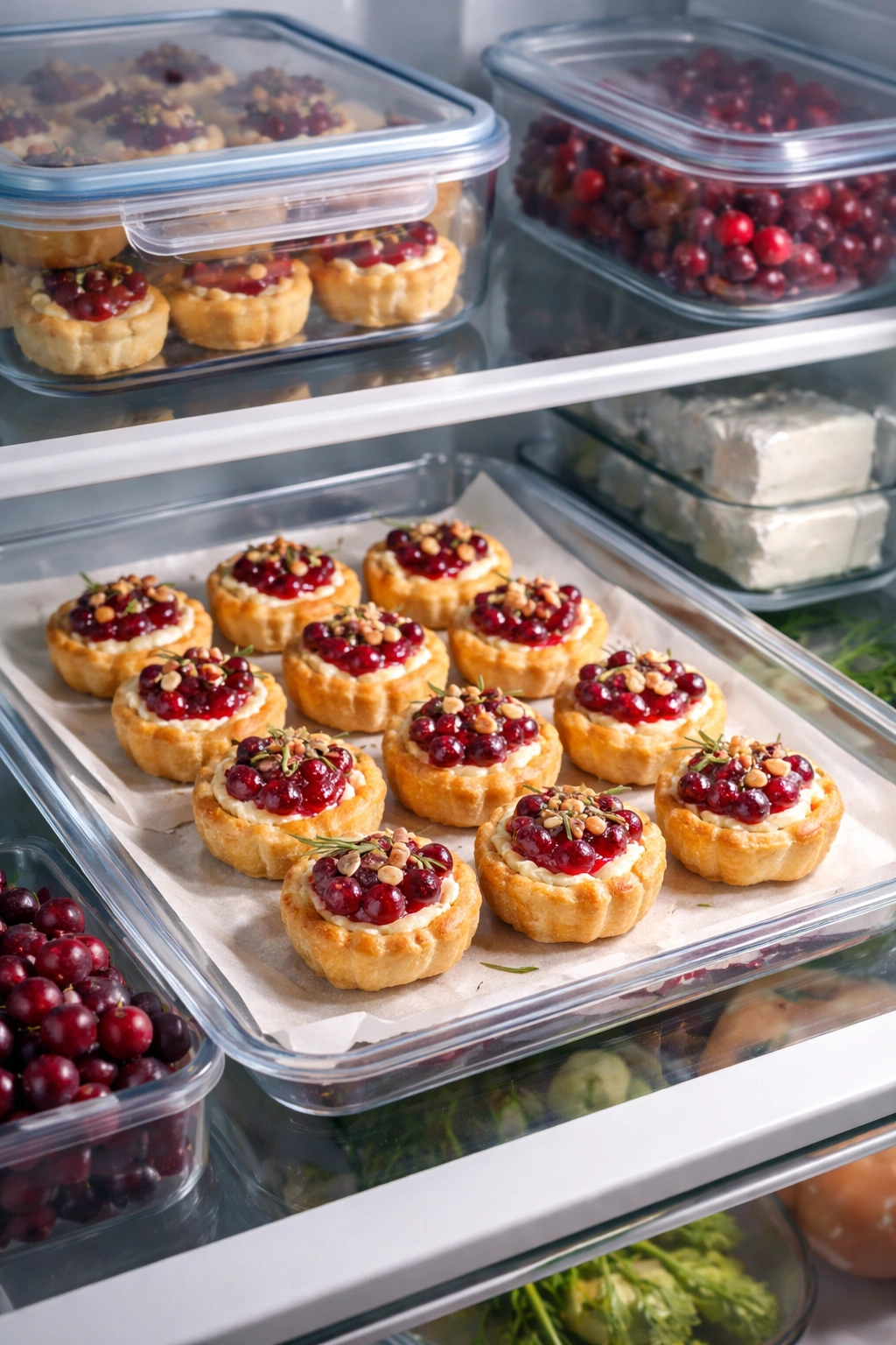 Cranberry cheese bites stored on parchment in a fridge