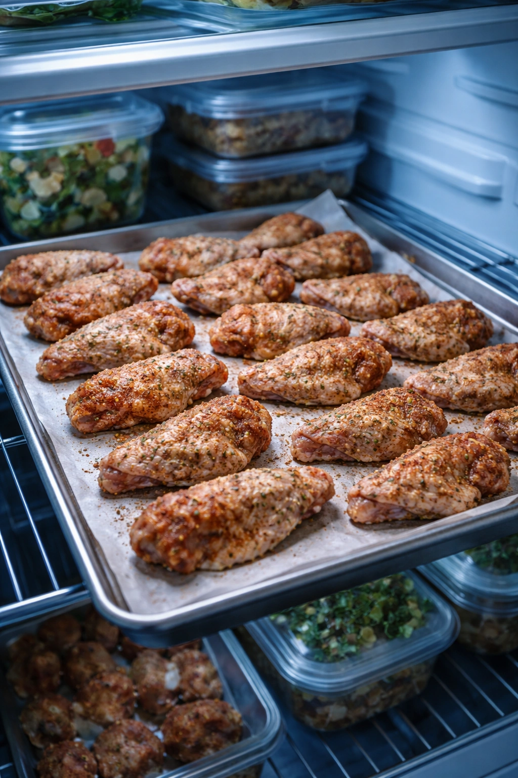 Wings on a sheet pan in the fridge drying before grilling.
