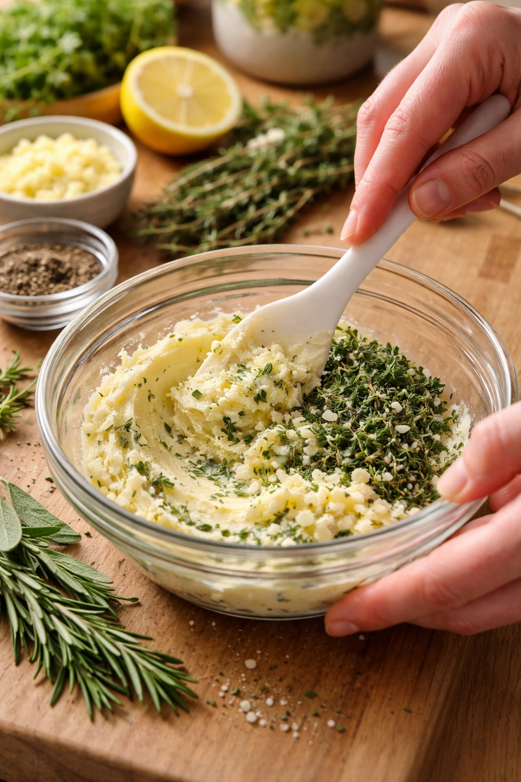 Hands mixing butter with garlic and herbs in a bowl