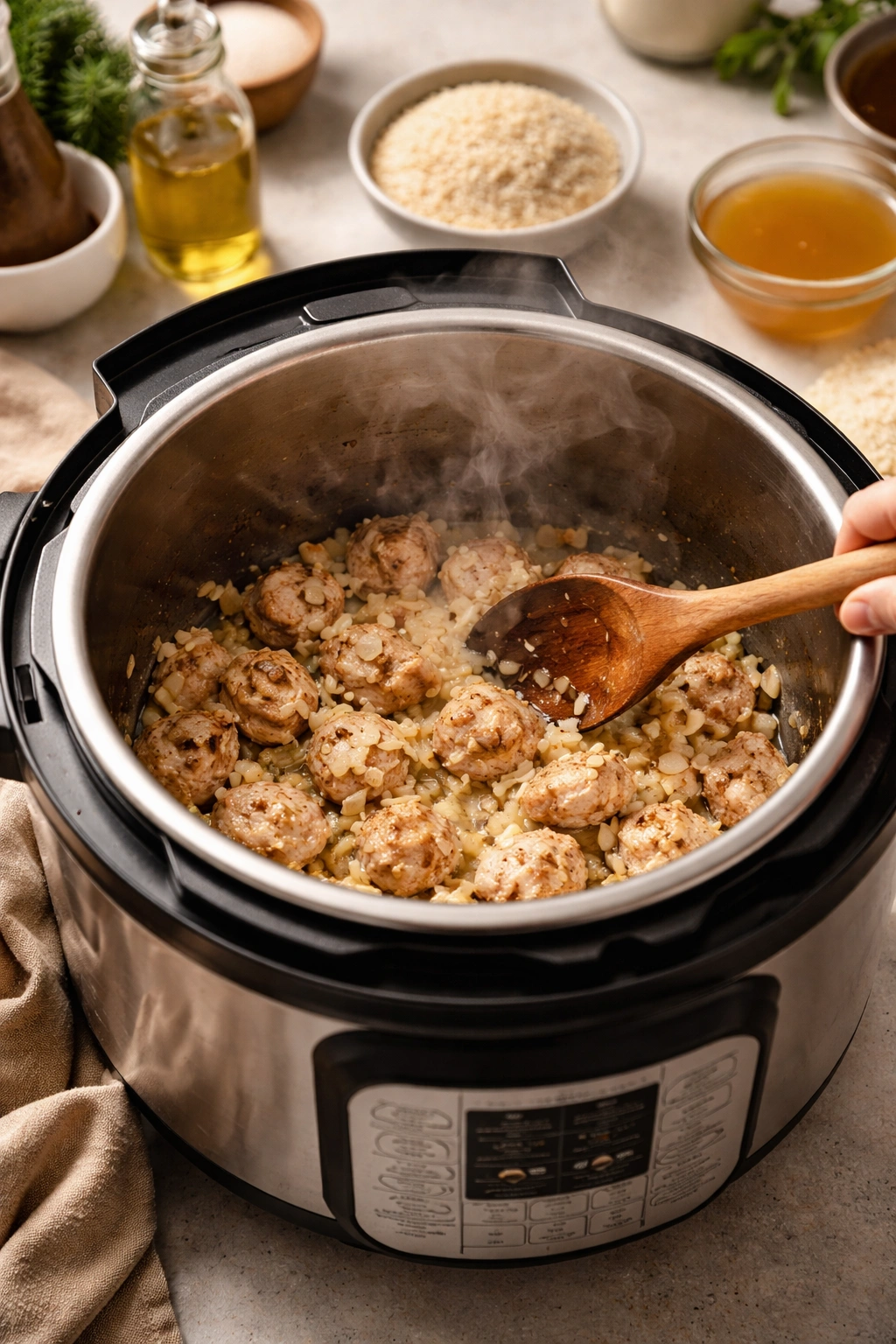 Instant Pot with sautéing chicken, onion, and butter in progress