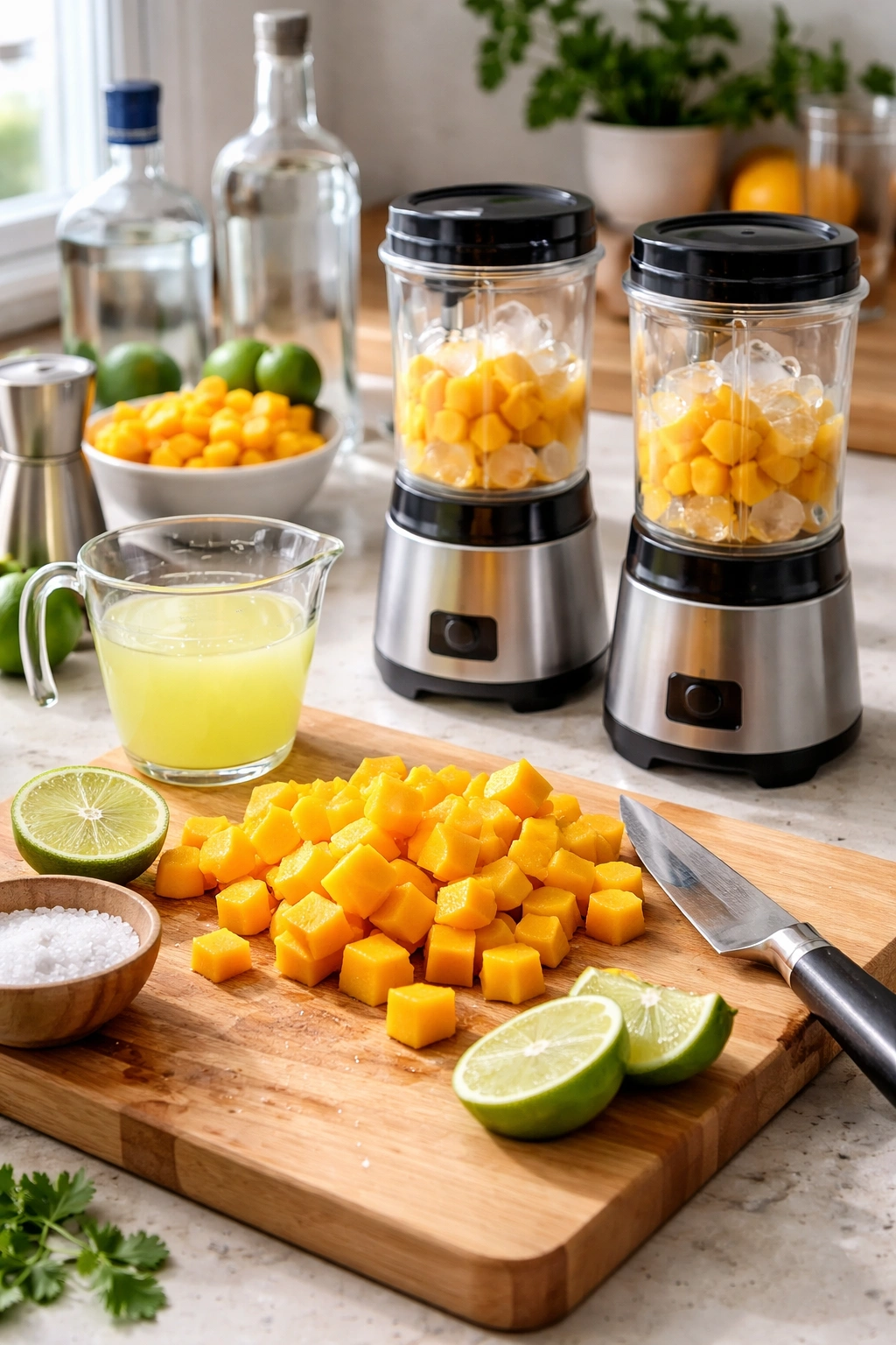 Mango prep and batch making setup with cubed mango, lime juice, and blenders in a bright kitchen