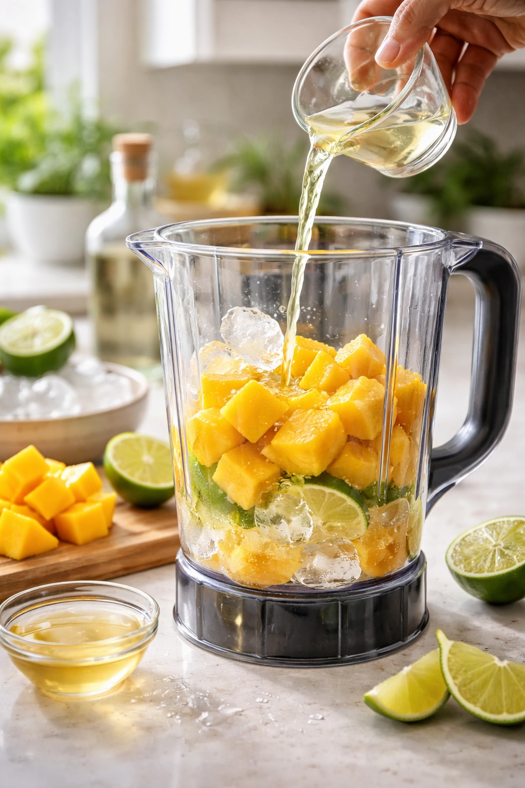 Close-up of mango chunks and lime juice entering a blender in a bright kitchen