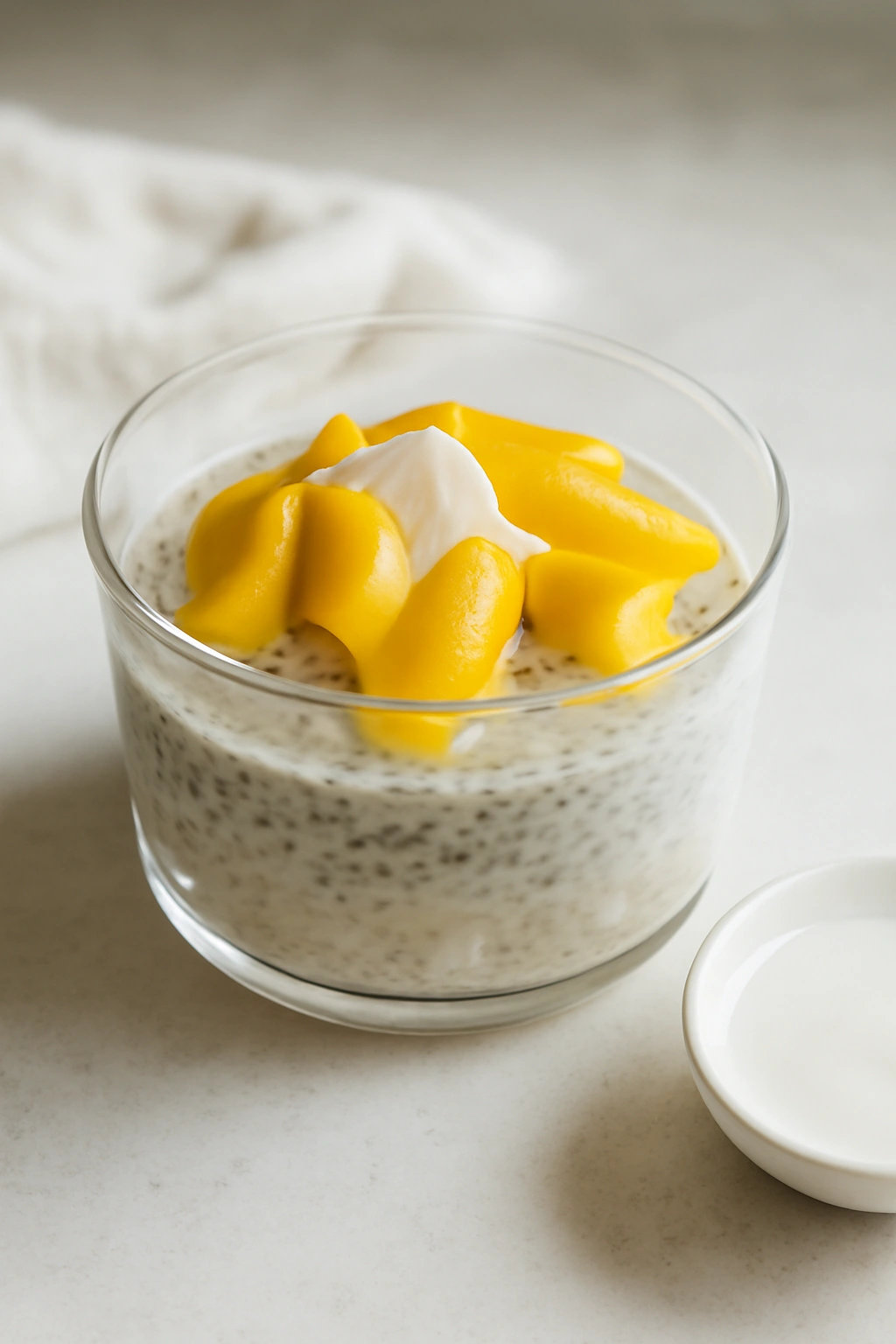 Single mango chia pudding bowl in a calm kitchen