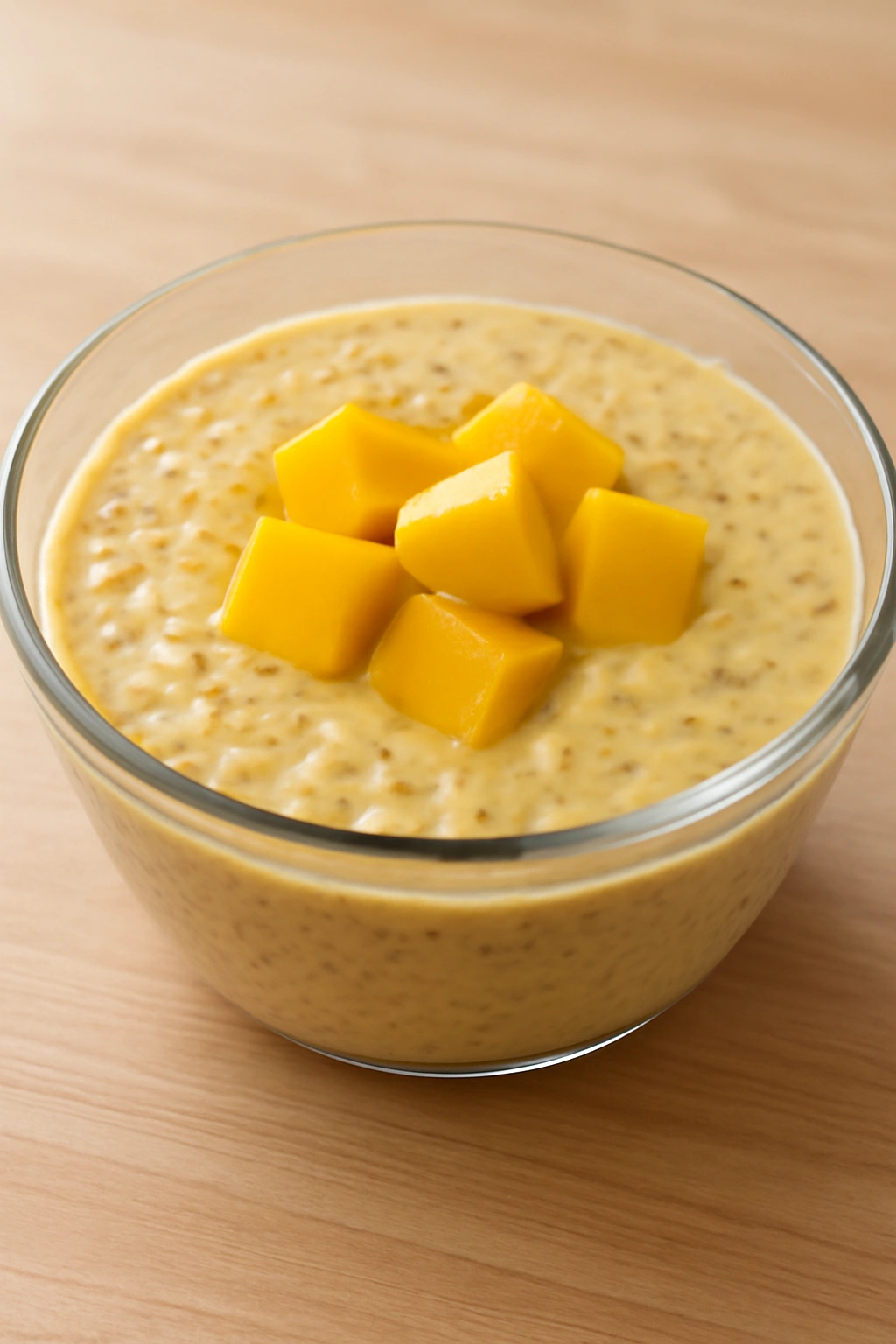Close-up of mango chia pudding in a glass bowl with mango cubes
