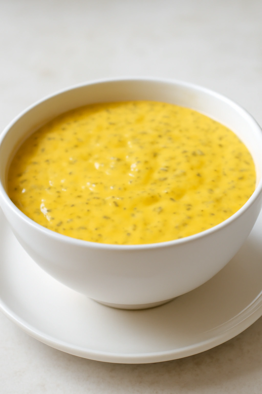 Close-up of creamy mango chia pudding in a white bowl on a clean breakfast surface