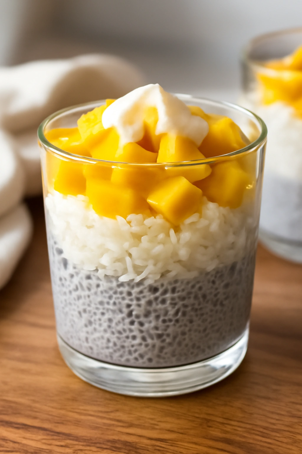 Layered mango chia pudding in a clear glass bowl with mango and coconut sauce