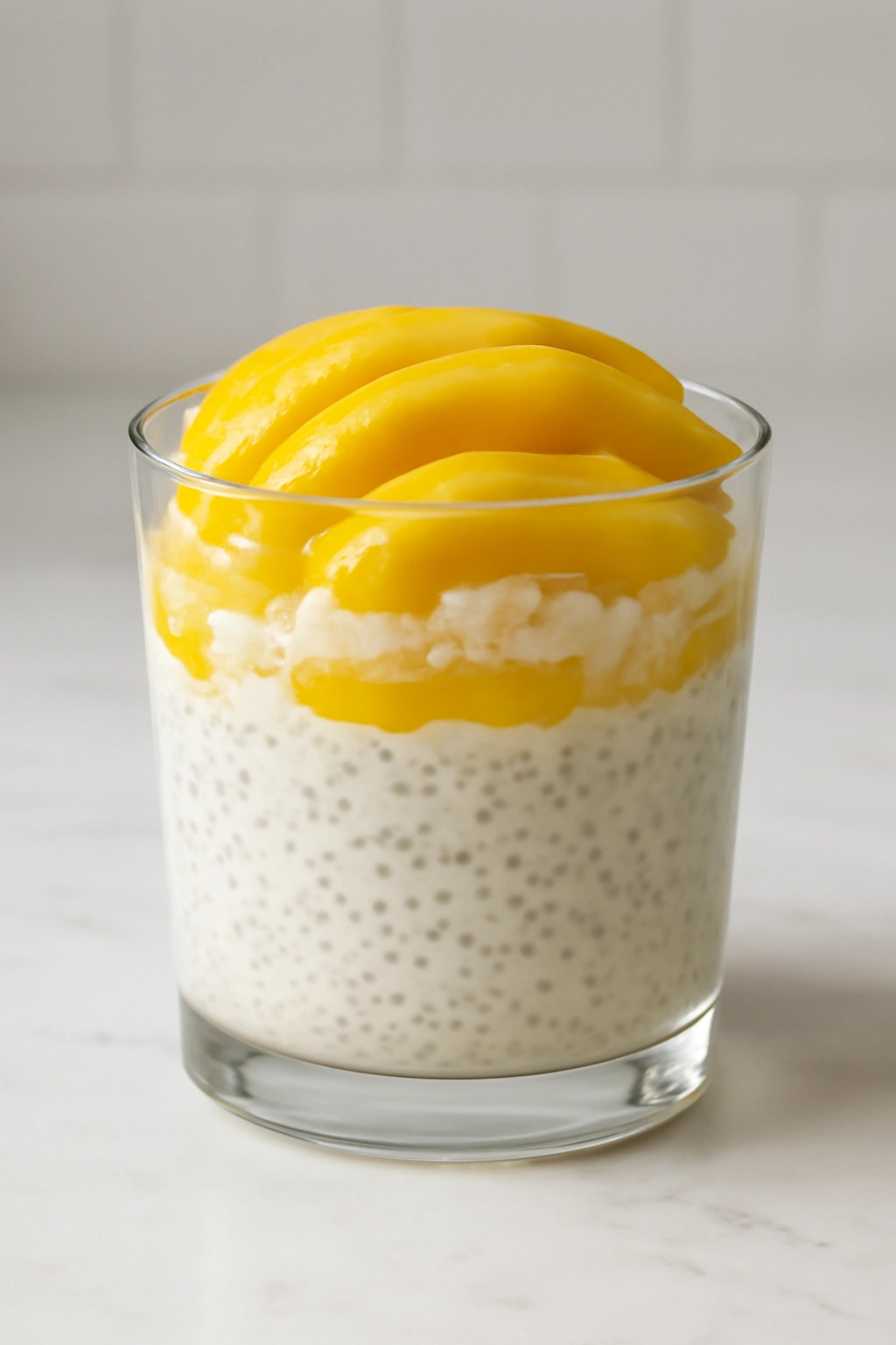 Close-up of Mango Sticky Rice Chia Pudding with mango slices on top
