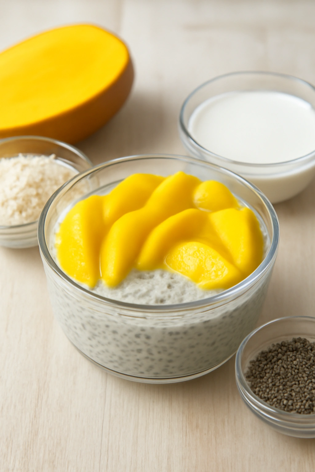 Close-up of Mango Sticky Rice Chia Pudding with mango and chia texture