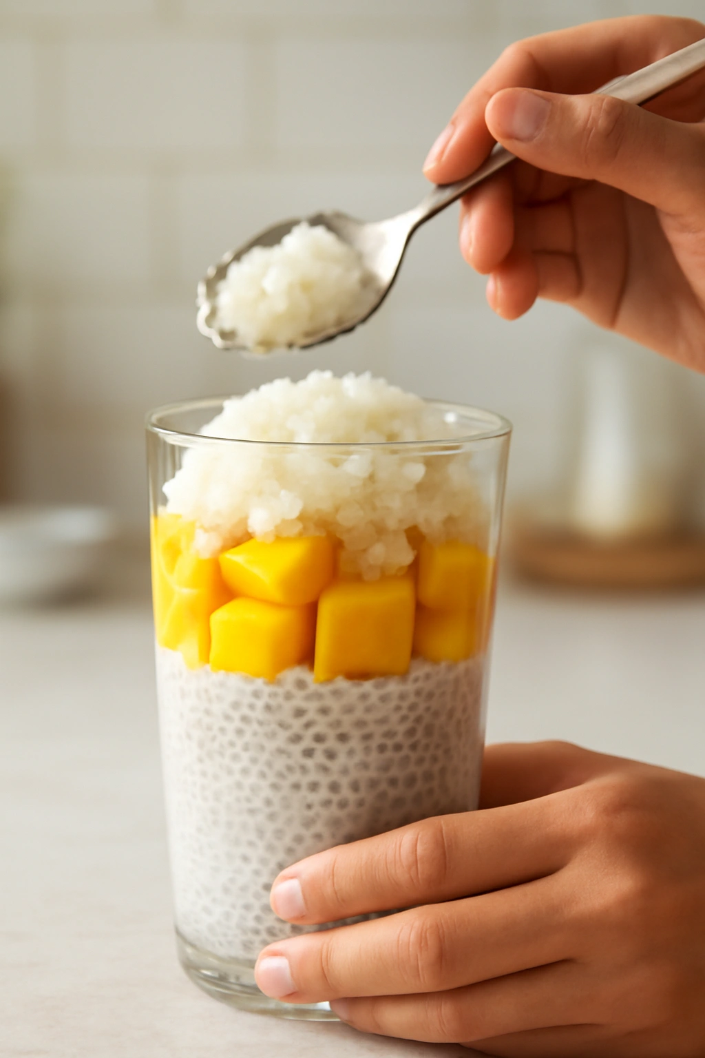 Layered chia pudding with white chia layers and vibrant mango layers in a clear glass.