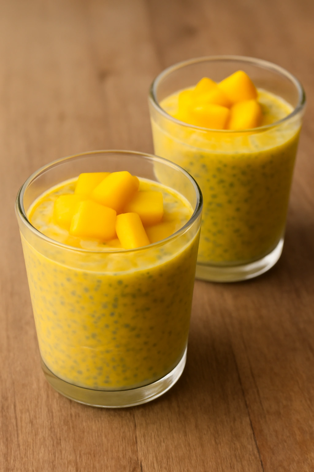 Two glasses of mango chia pudding ready to serve