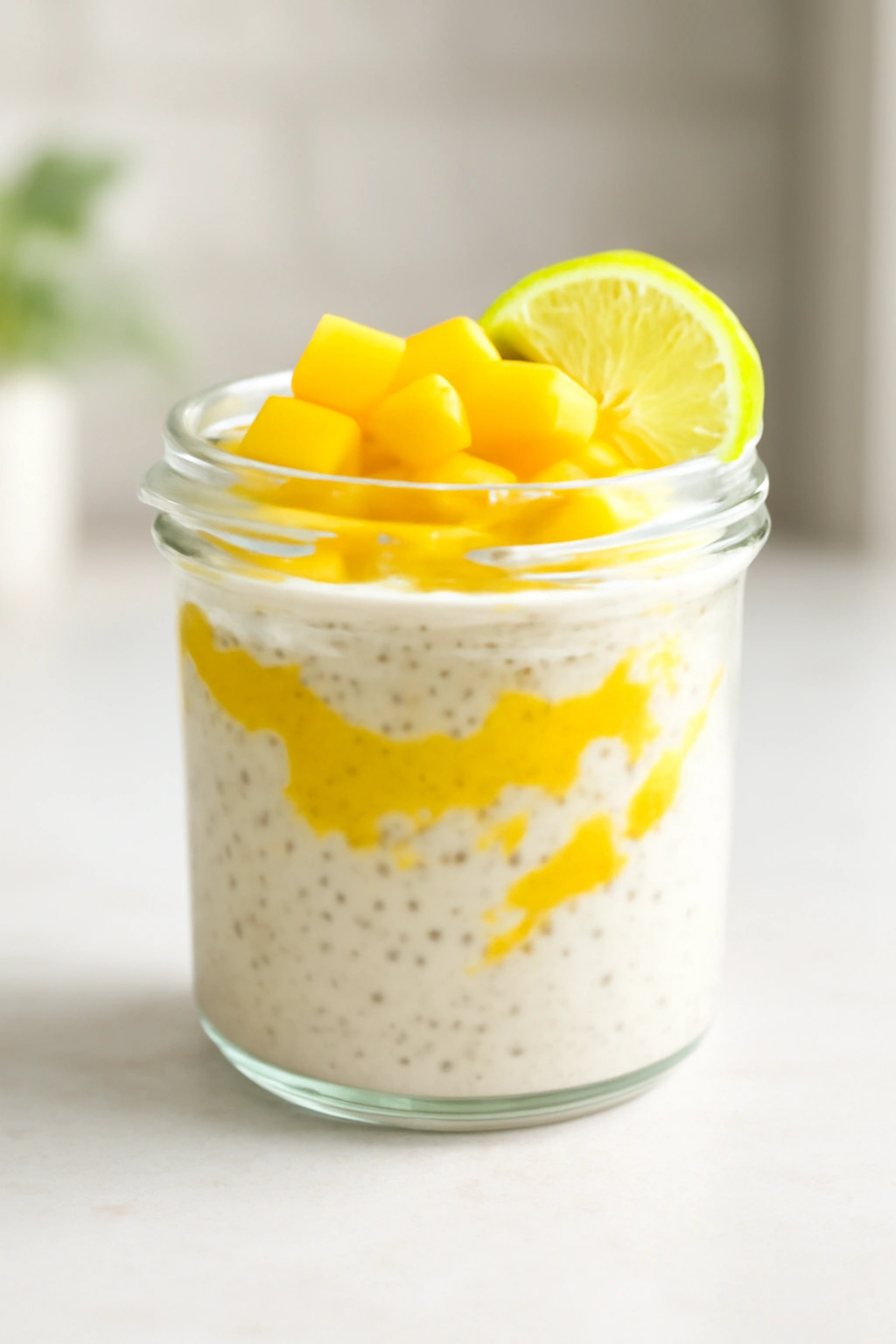 Mango coconut chia pudding in glass jar with mango swirl