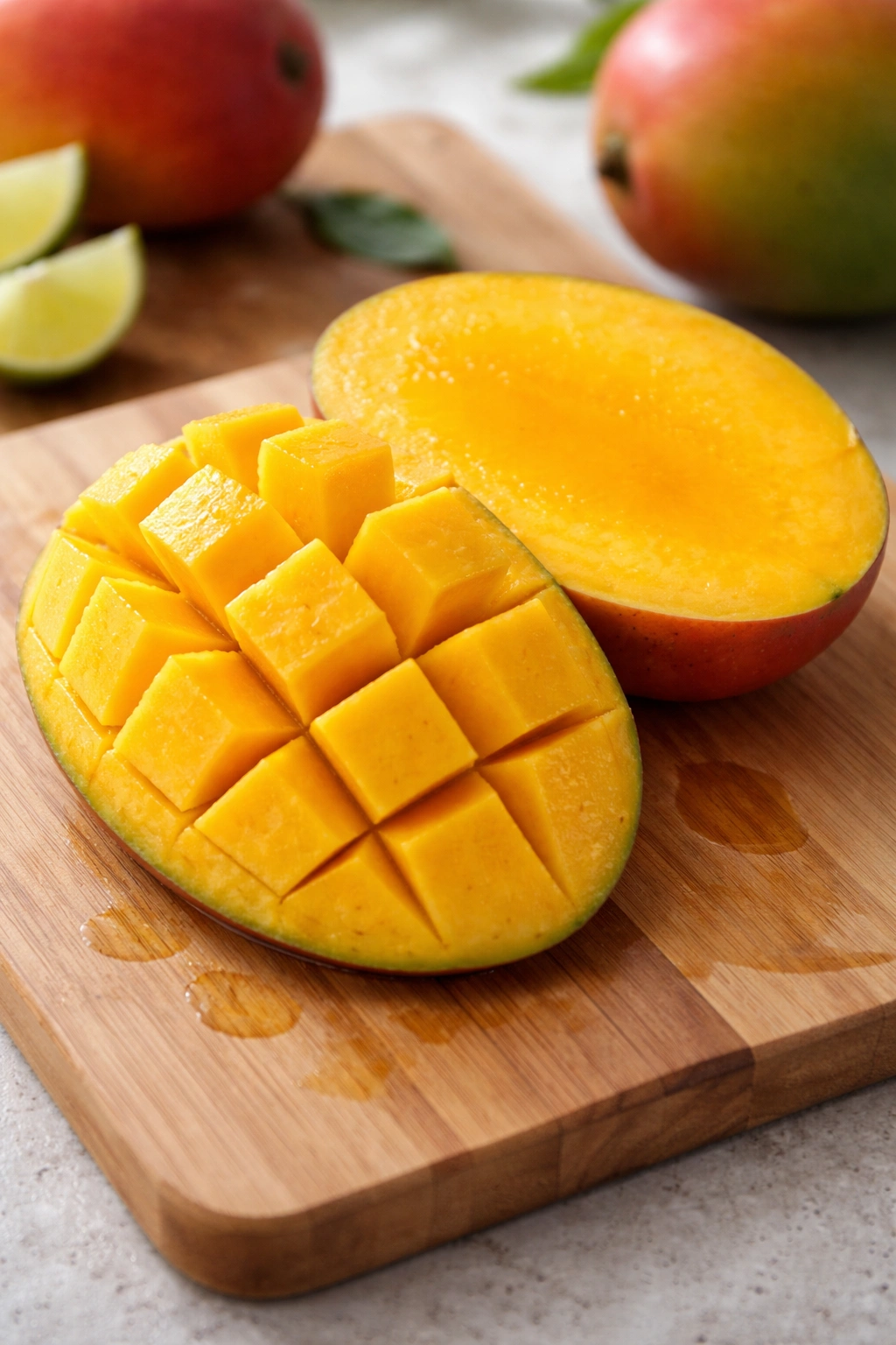 Cross-section of ripe mango with bright orange flesh on cutting board
