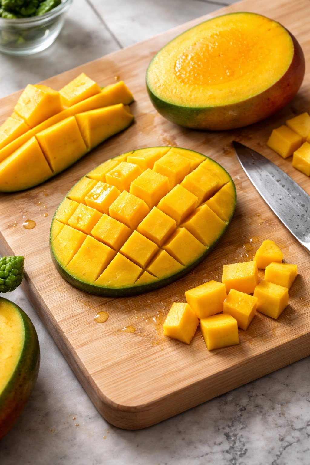 Mango half scored into a grid on cutting board ready to scoop