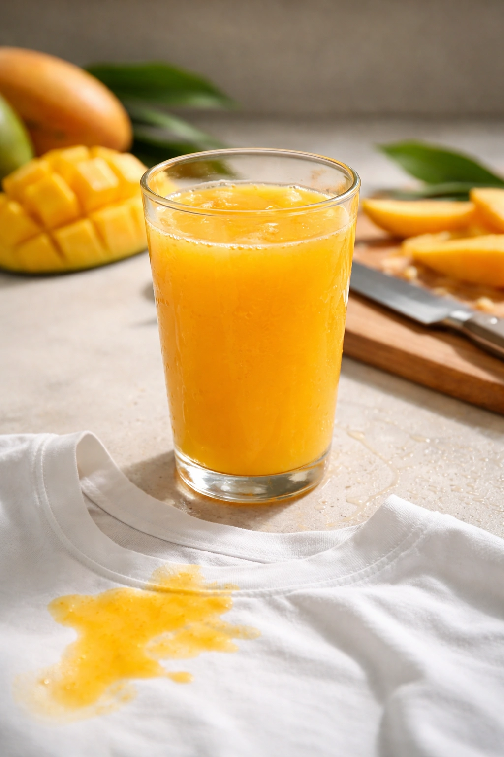 Glass of bright mango juice on plain background