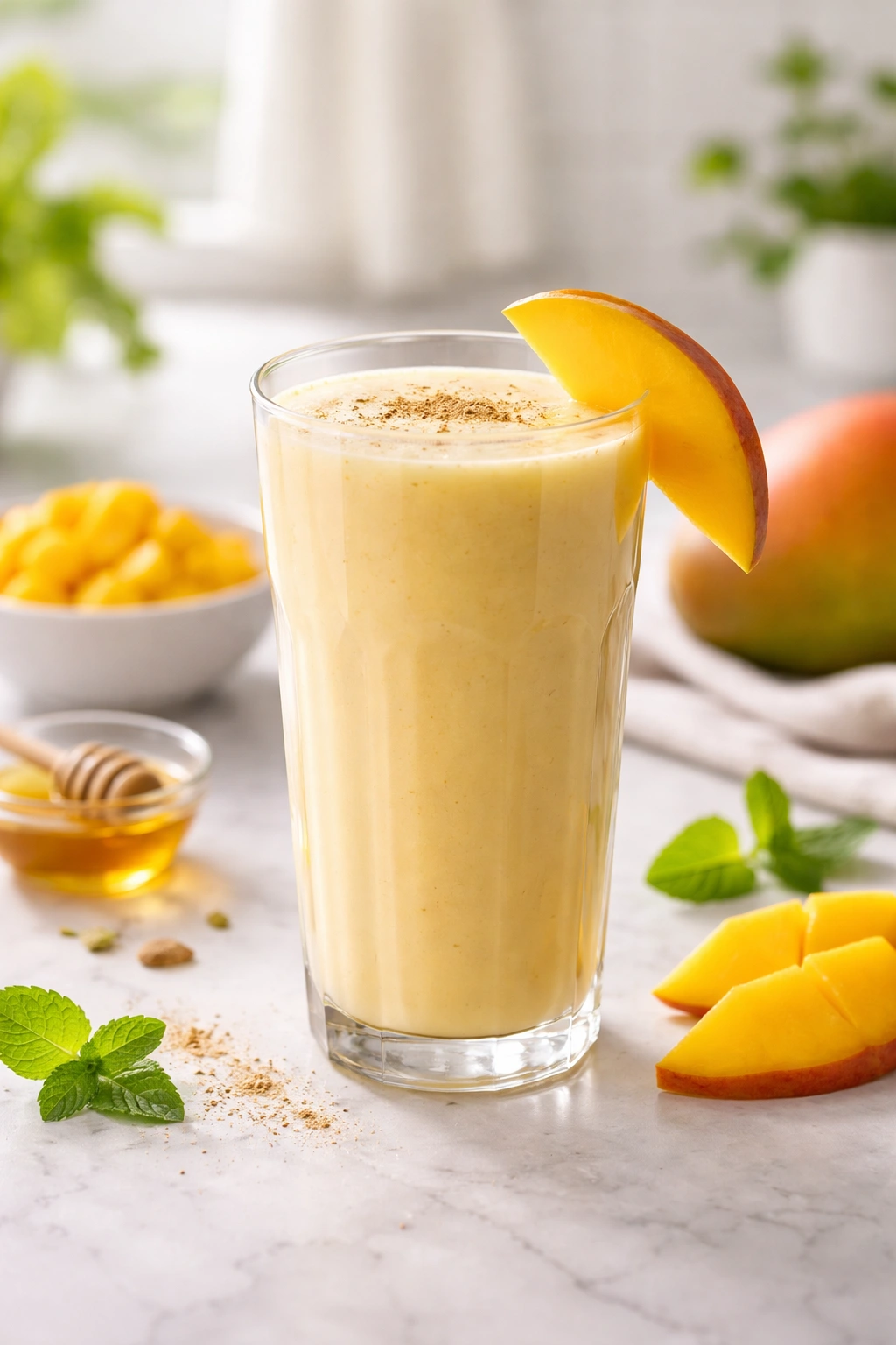 Creamy mango lassi in a glass with mango slice garnish