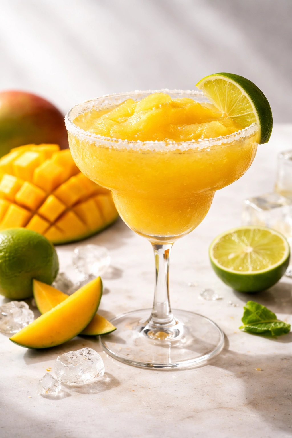 Close-up of a mango margarita glass with fresh mango slices and lime wedge