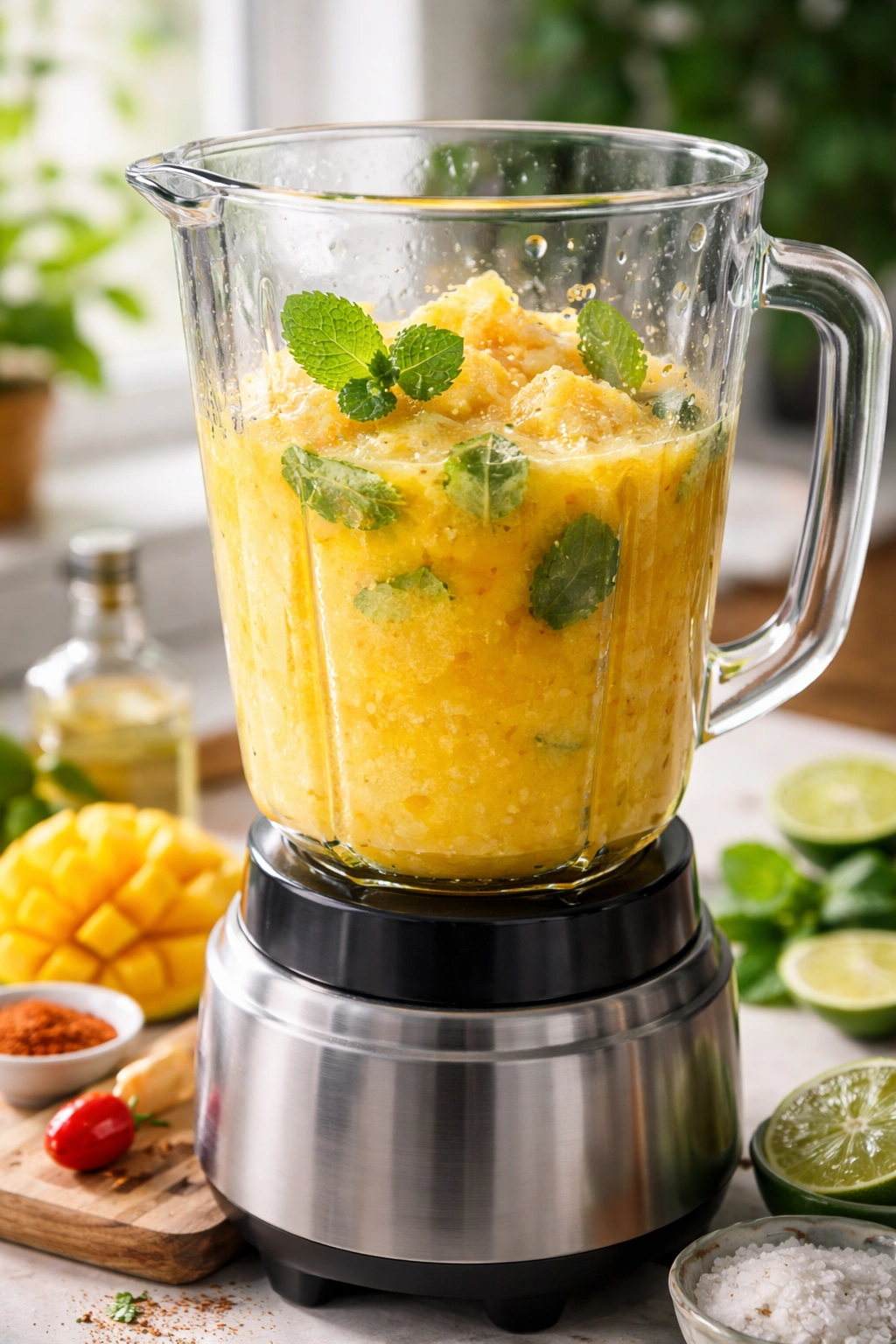 Blender with mango and mint leaf suggesting a Mango-Mint variation