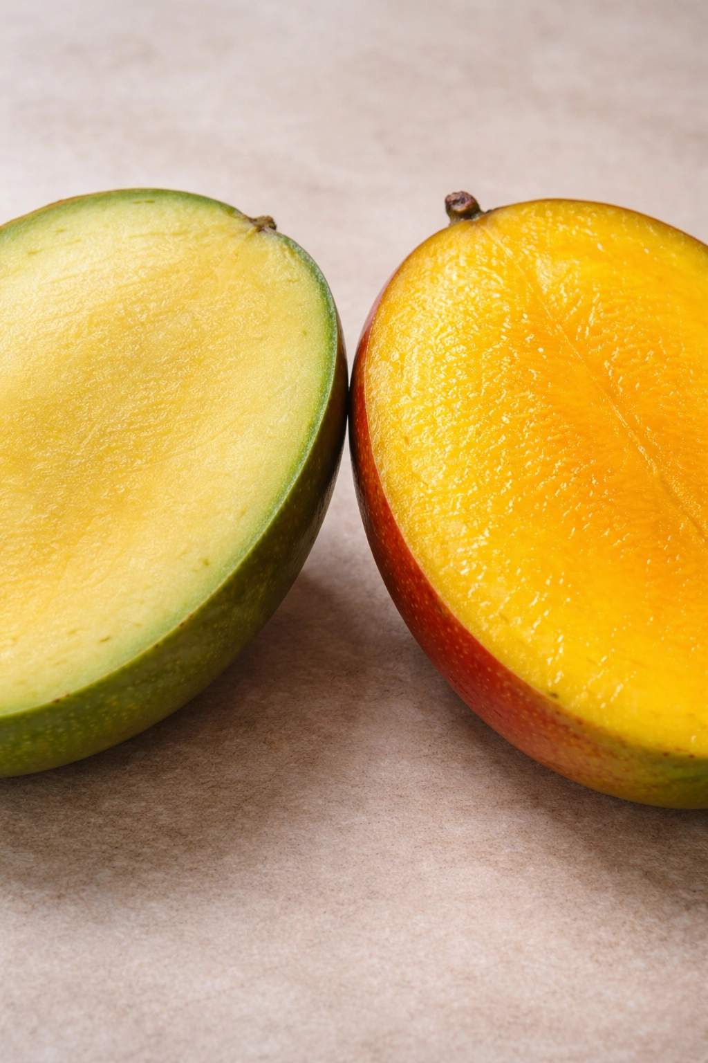 Underripe vs ripe mango halves to illustrate common mango selection mistakes