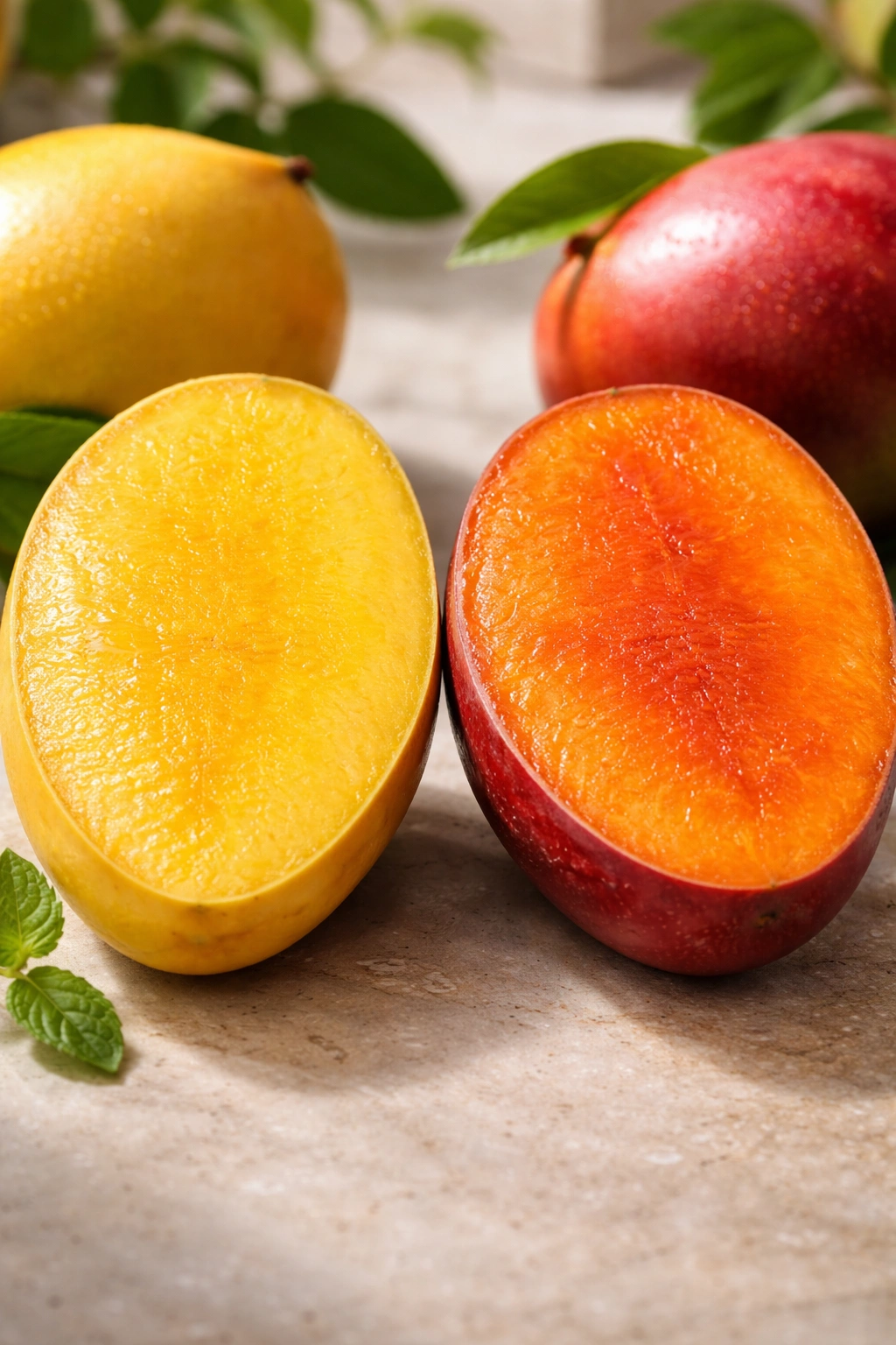 Two mango halves showing yellow and orange-red flesh, highlighting nutrient differences