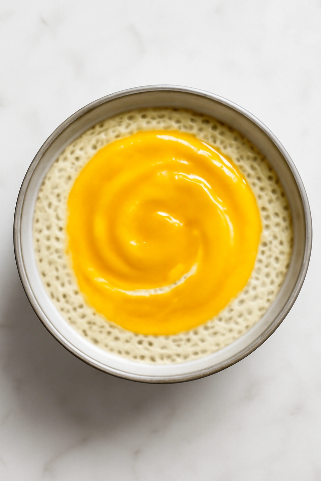 Mango chia pudding with two-tone mango-passion fruit swirl