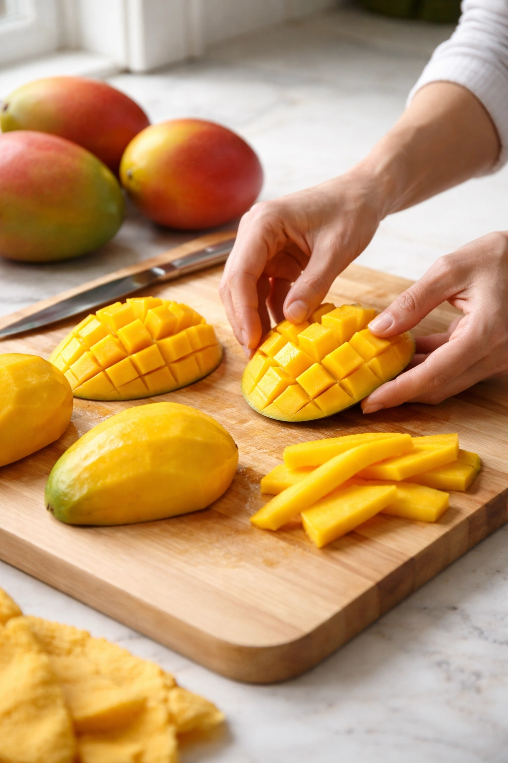 Mangoes being peeled and sliced on a cutting board in a bright kitchen