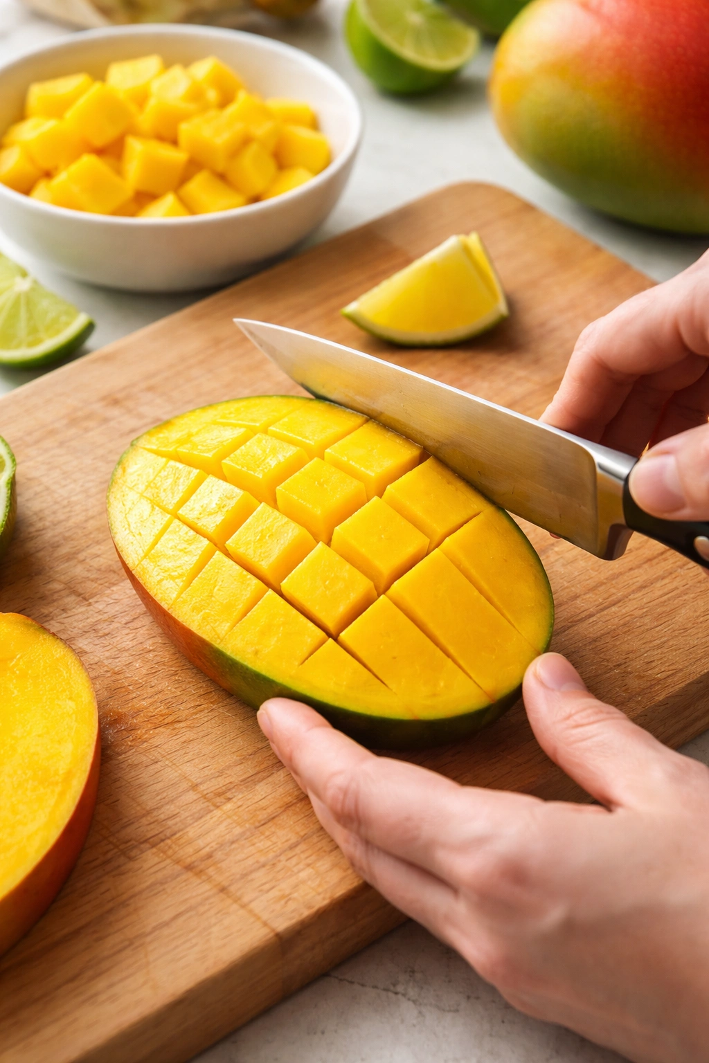 Mango on cutting board with knife mid-slice
