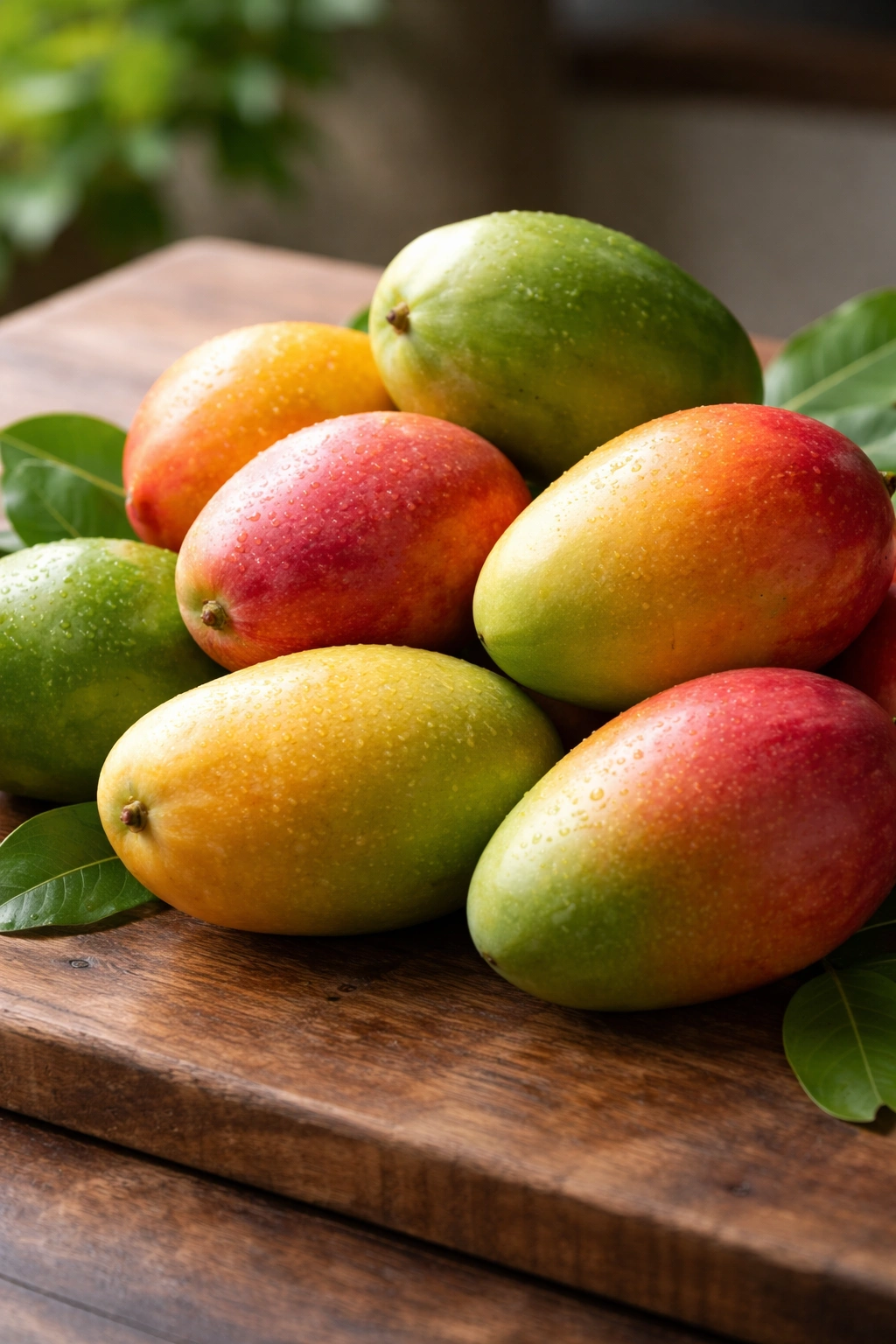 Group of mangoes in various ripeness colors on a wooden surface
