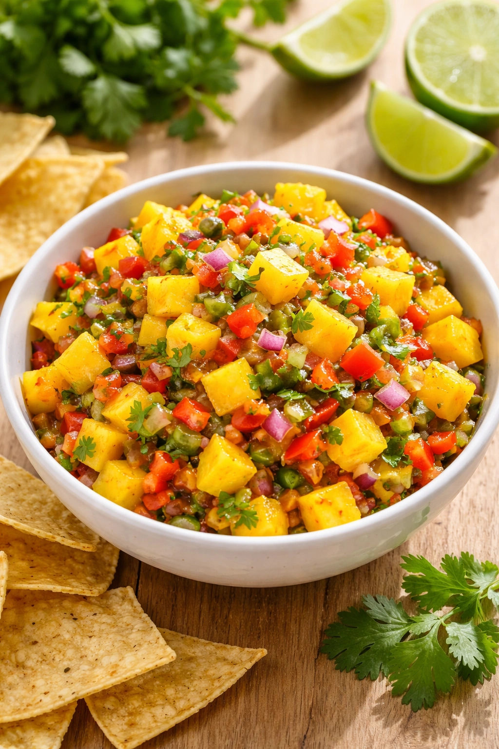 Close-up of fresh mango salsa in a white bowl on wood, showing colorful diced ingredients