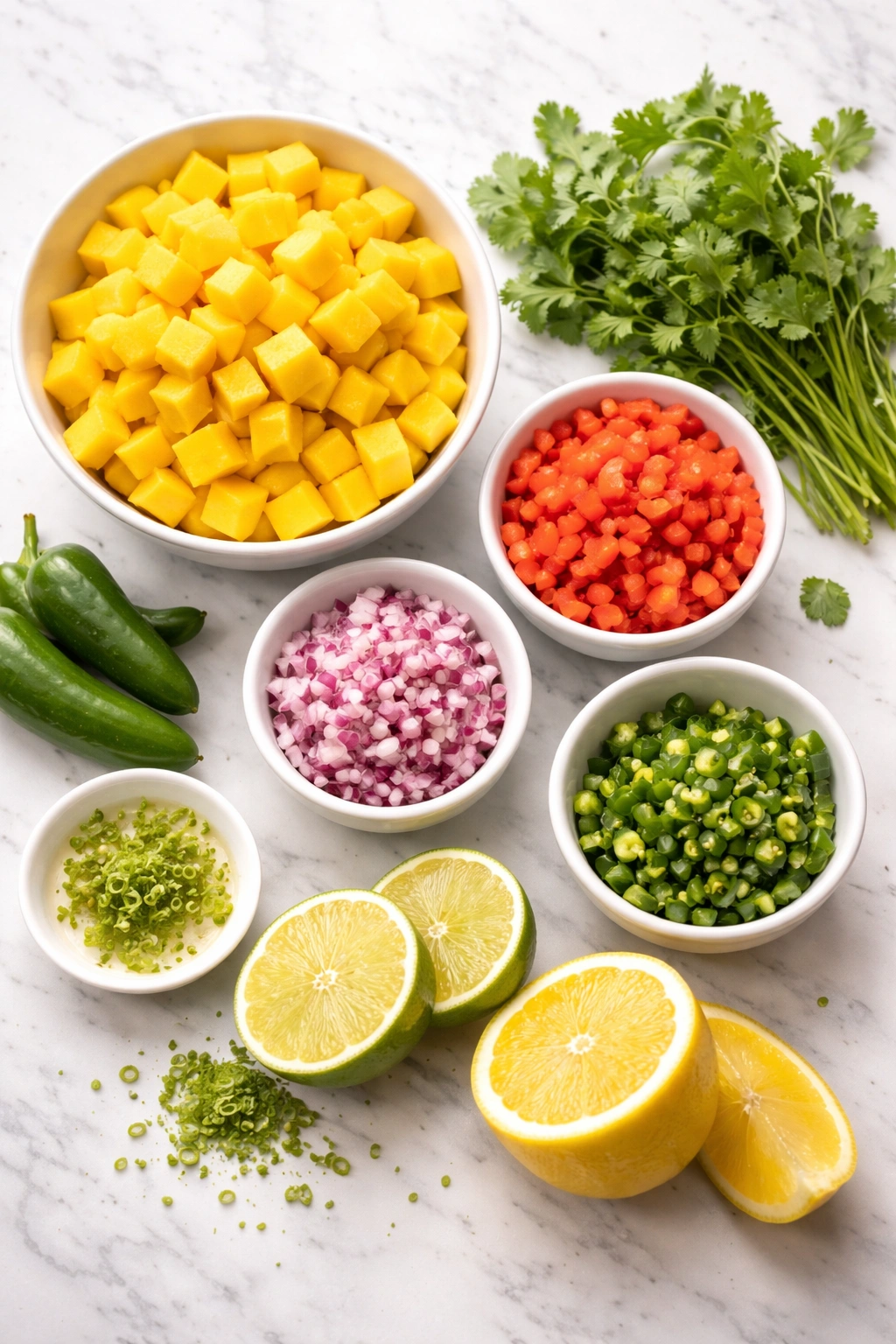 Colorful mango salsa ingredients arranged on a clean surface