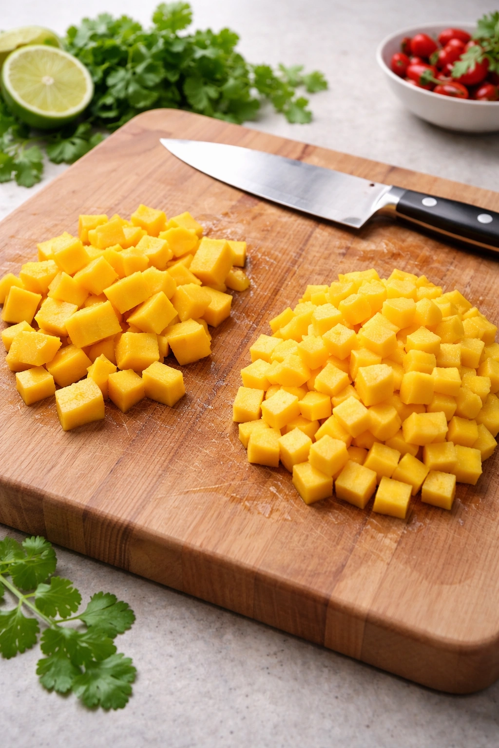 Close-up of mango dice showing uneven vs uniform cuts on a cutting board.