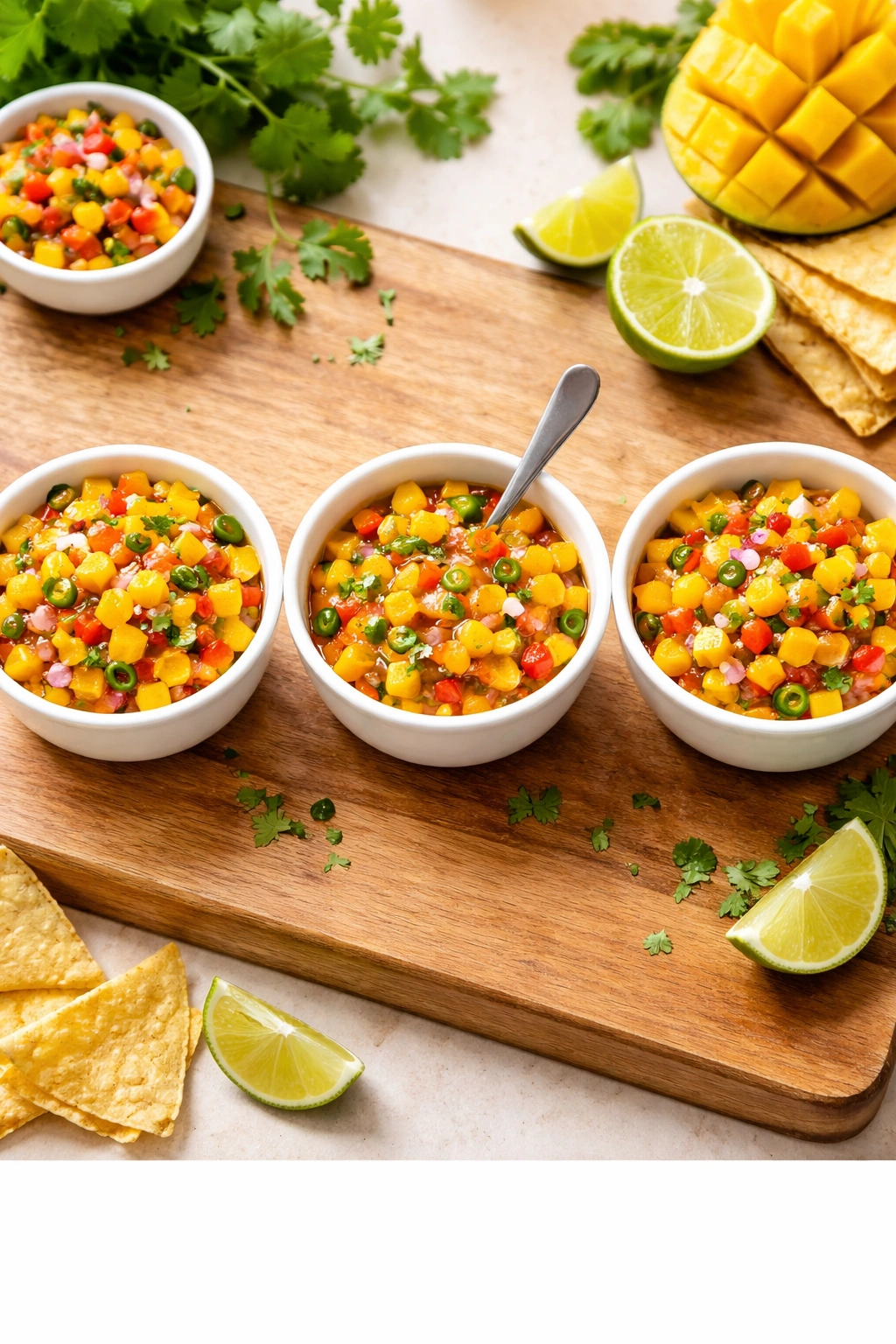 Three bowls of mango salsa showing different portions on a wooden surface