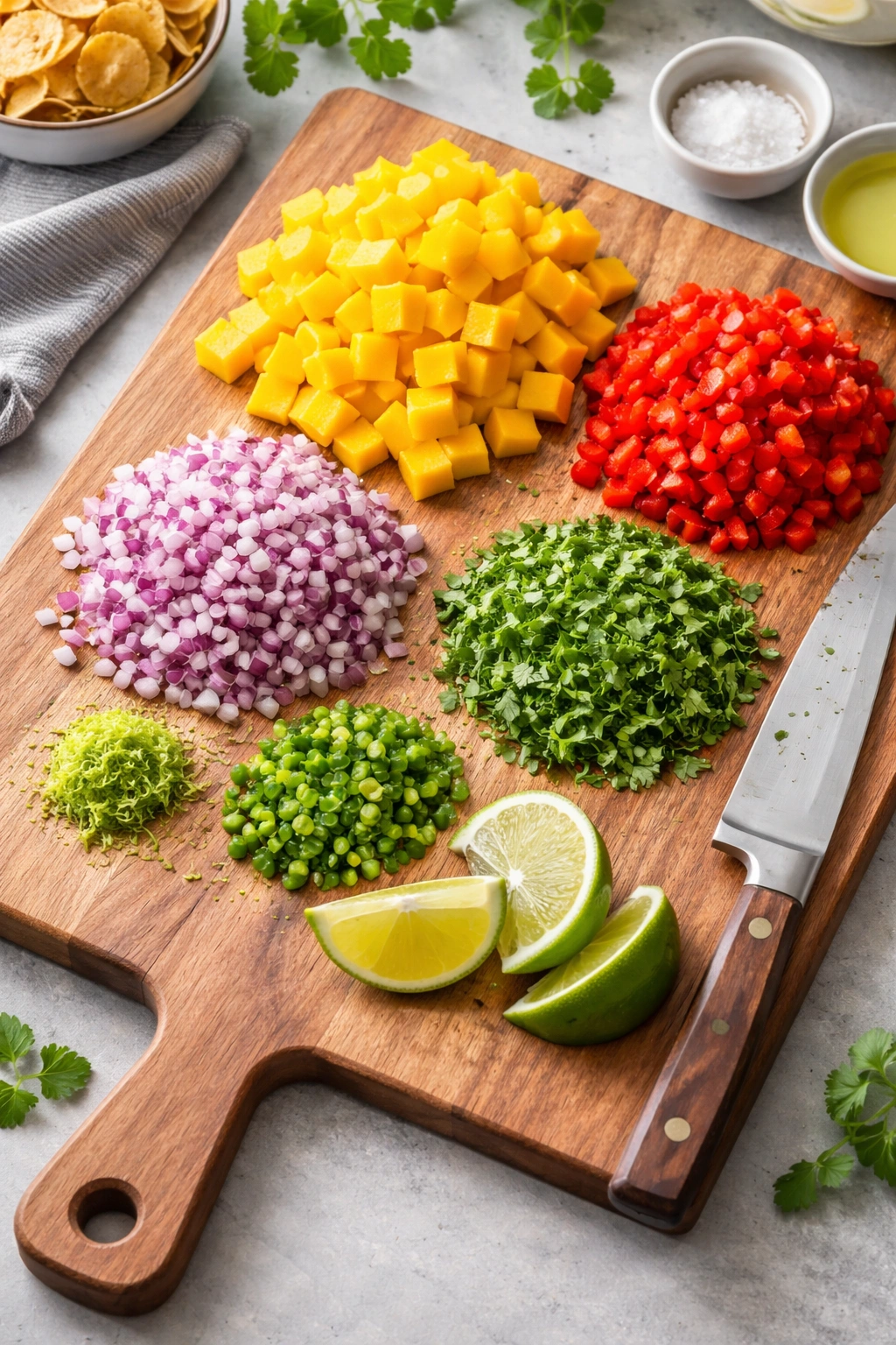 Cutting board with mango salsa prep ingredients arranged in sequence
