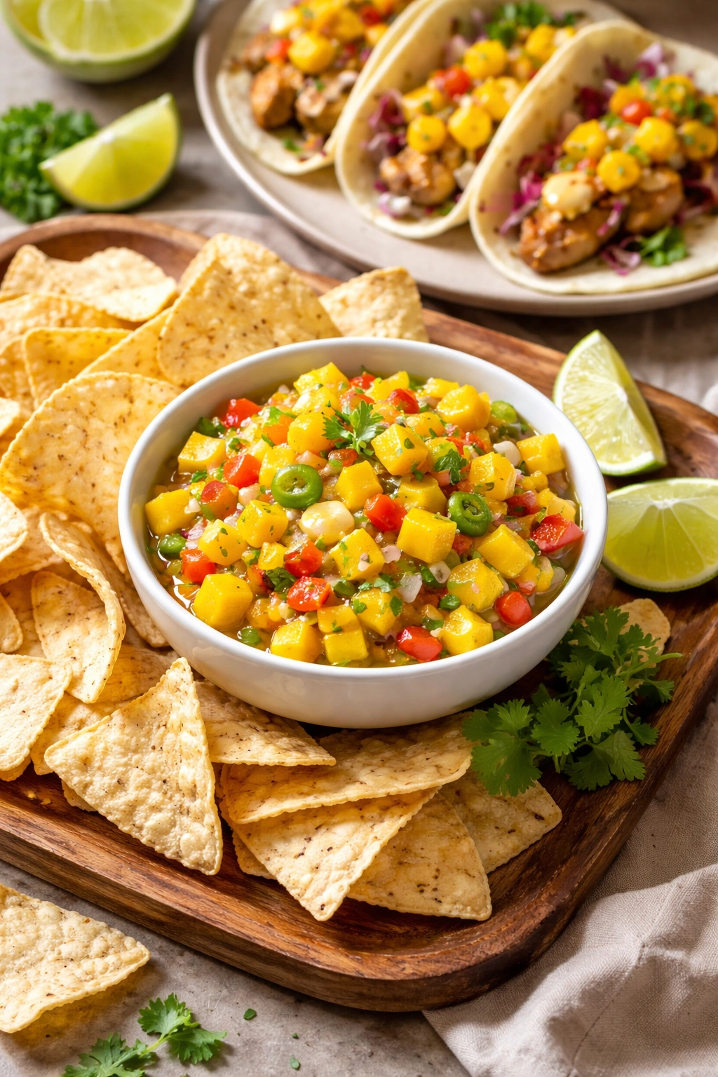 Mango salsa served with tortilla chips on a wooden board.