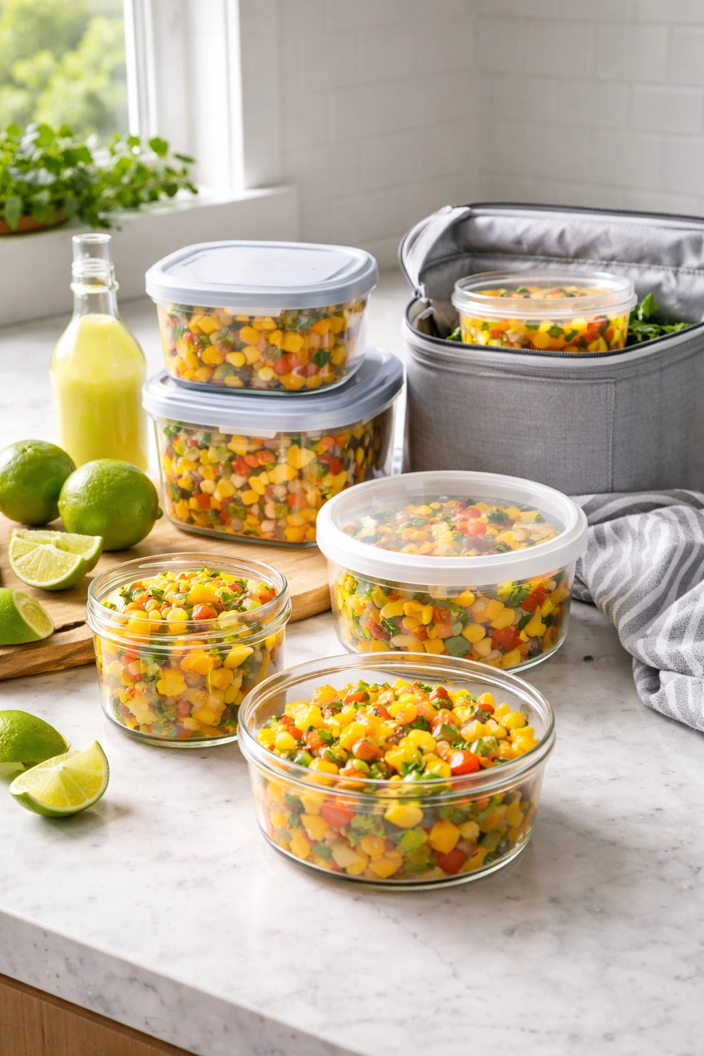 Row of airtight containers with mango salsa for storage and transport.