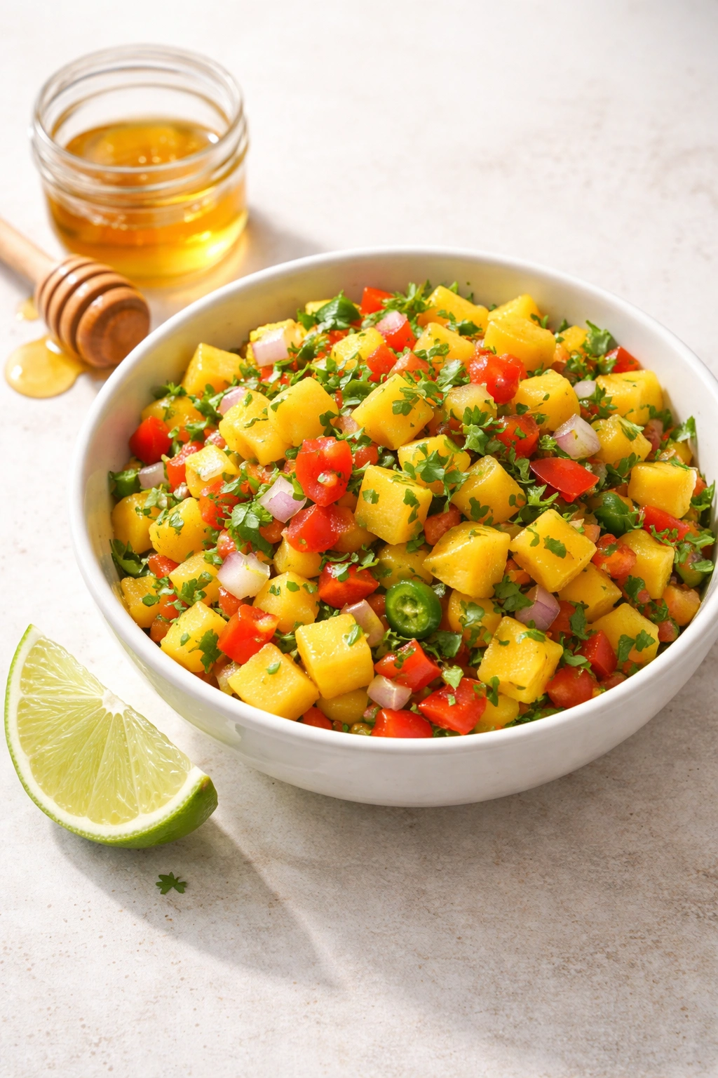 Mango salsa with lime and honey balancing flavors.