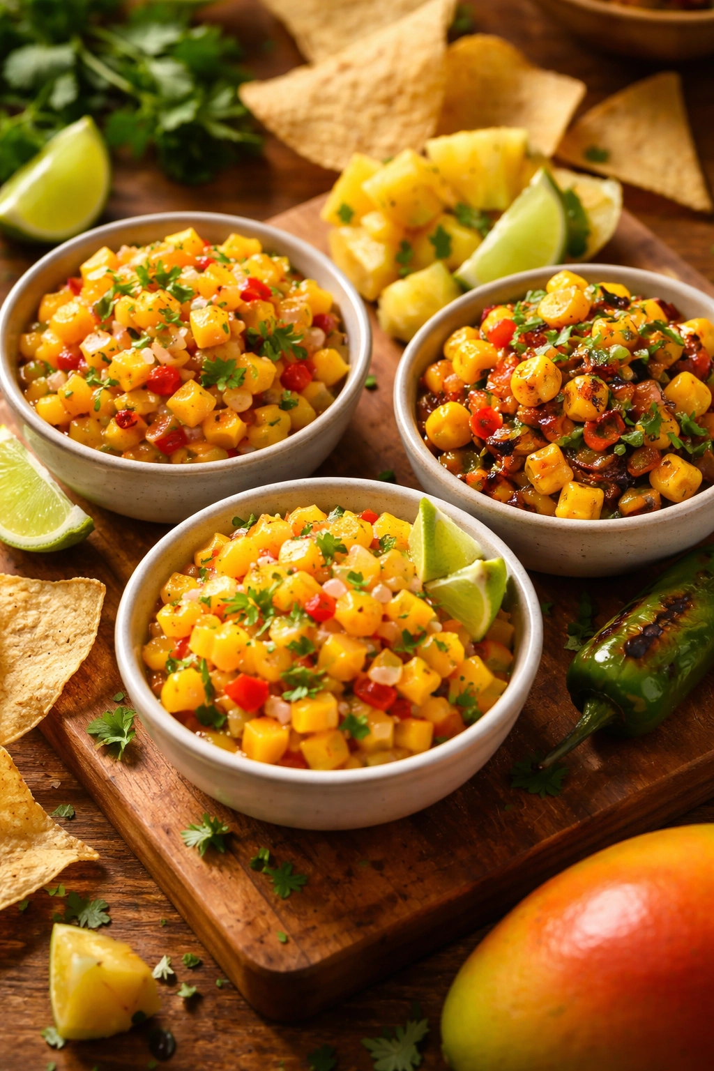Three bowls of mango salsa variations with pineapple and jalapeño styles.