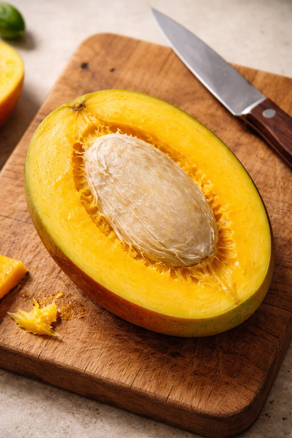 Mango half exposing the large seed in the center