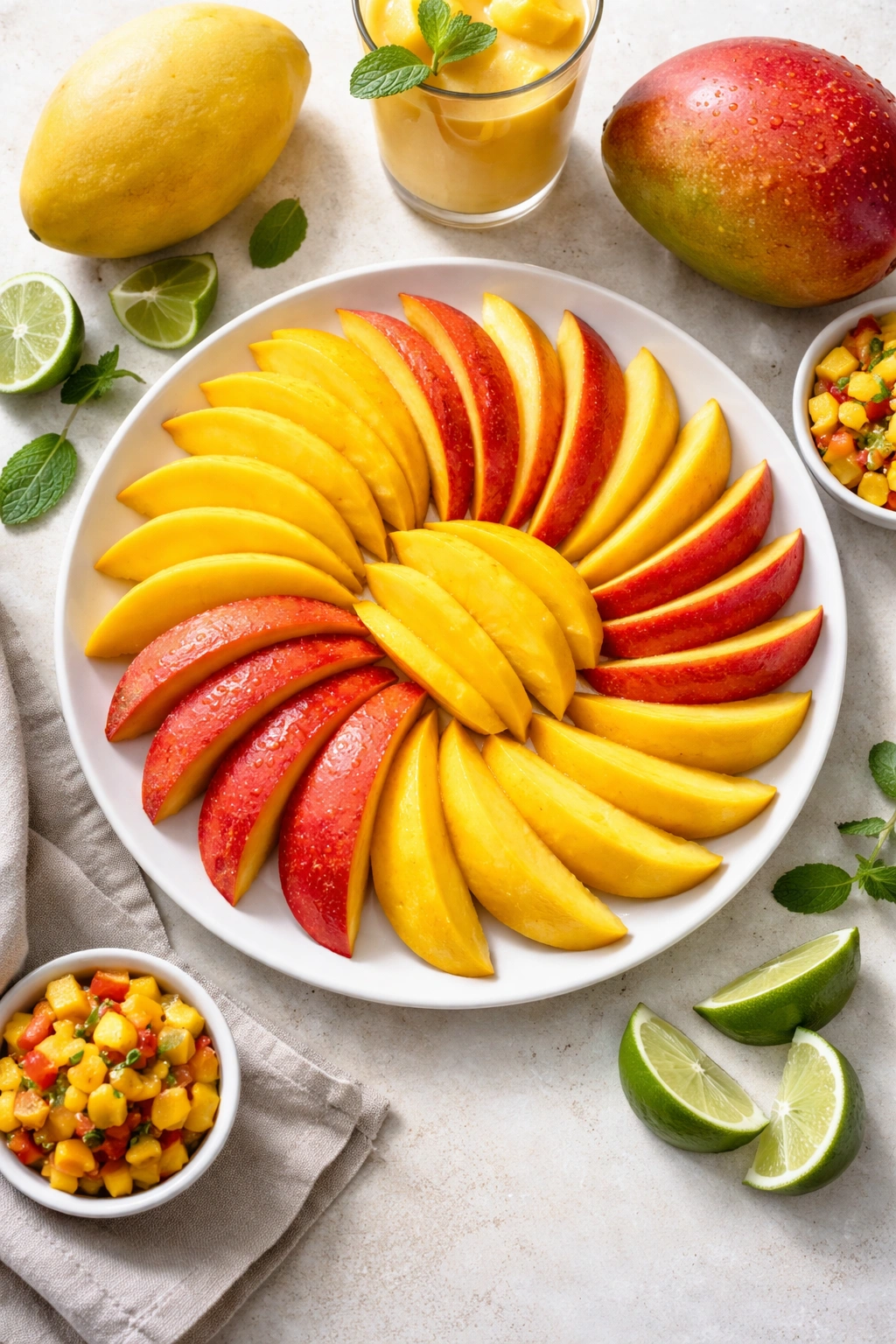 Plate of yellow and red mango slices arranged decoratively