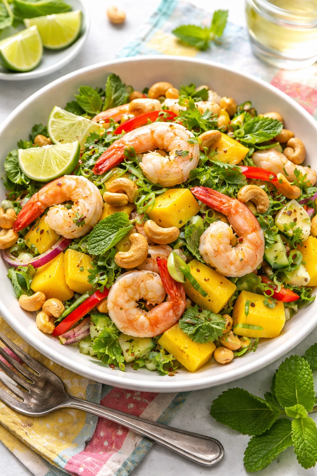 Bright Thai mango salad with shrimp and cashews in a bowl