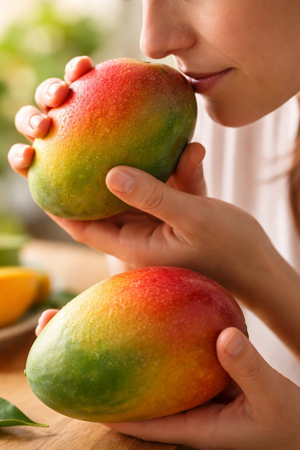 Close-up of ripe mangoes showing skin texture and potential softness